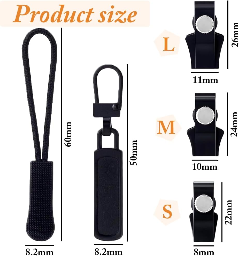 24 Pcs Zipper Repair Kit, Mixed Sizes Universal Zipper Replacement Slider,Black. Fixed Cloth Zipper Pull Fixer. Used for Crafts and Sewing Coats, Jacket, Jeans, Backpacks,Tents, Luggage Bags Etc Puller For. image number 1