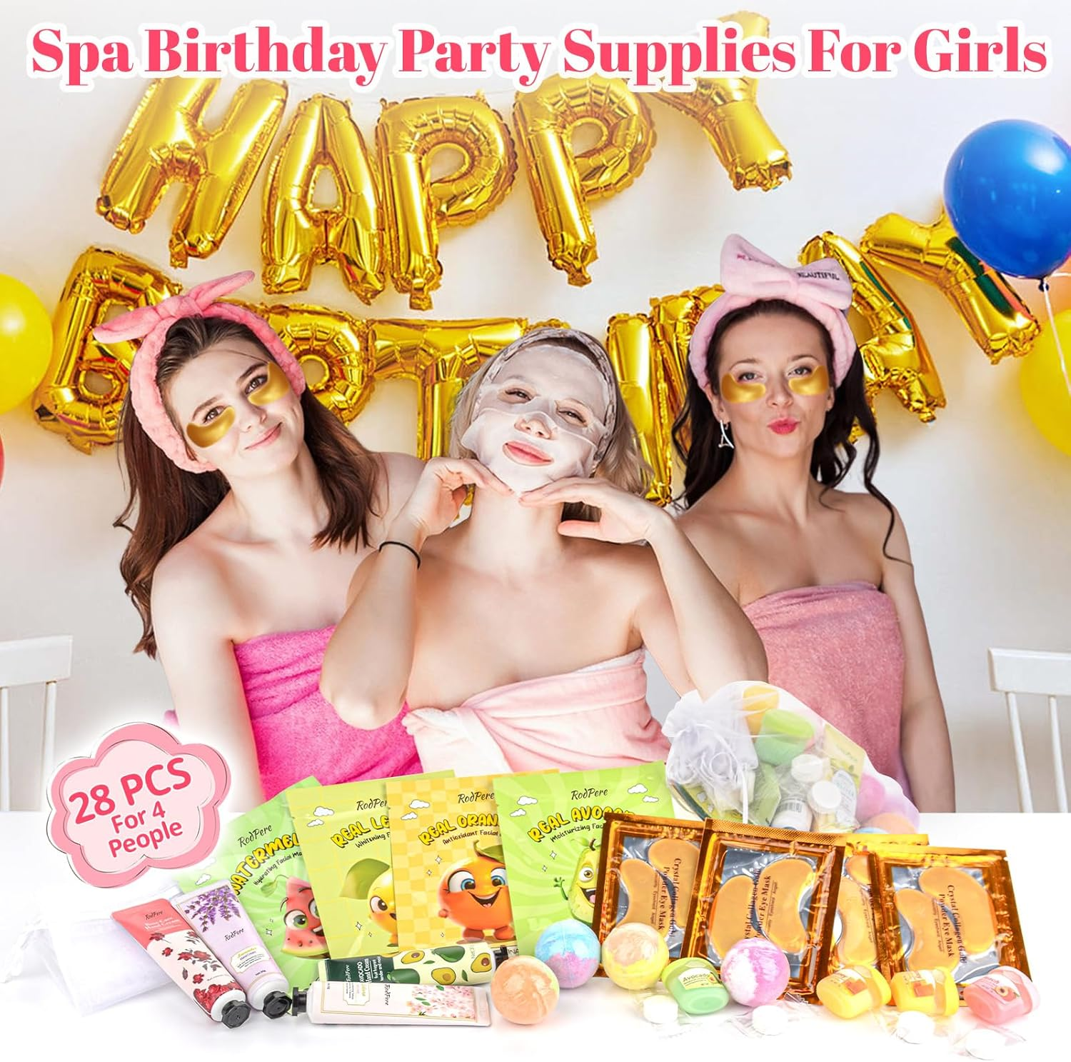 Spa Party Supplies for Girls, 28PCS Spa Birthday Party Favors for 4 People, Spa Day Kit with Bath Bombs, Eye Mask, Lip Balm, Face Mask, Hand Cream, Compressed Towel, Gift Bag, Sleepover Spa Gift Set image number 5