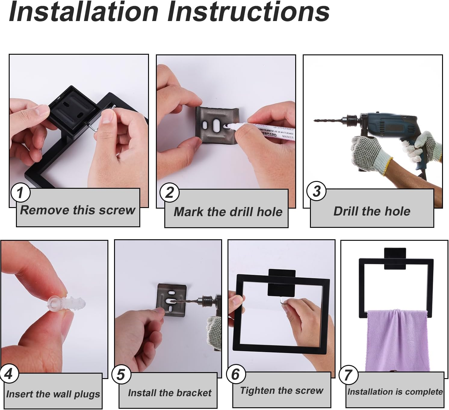 2Pcs Towel Holder for Bathroom, Matte Black Square Towel Ring Stainless Steel Wall Mounted Towel Holder Towel Rack Towel Hanger Towel Bar for Home Kitchen Bathroom Toilet image number 6