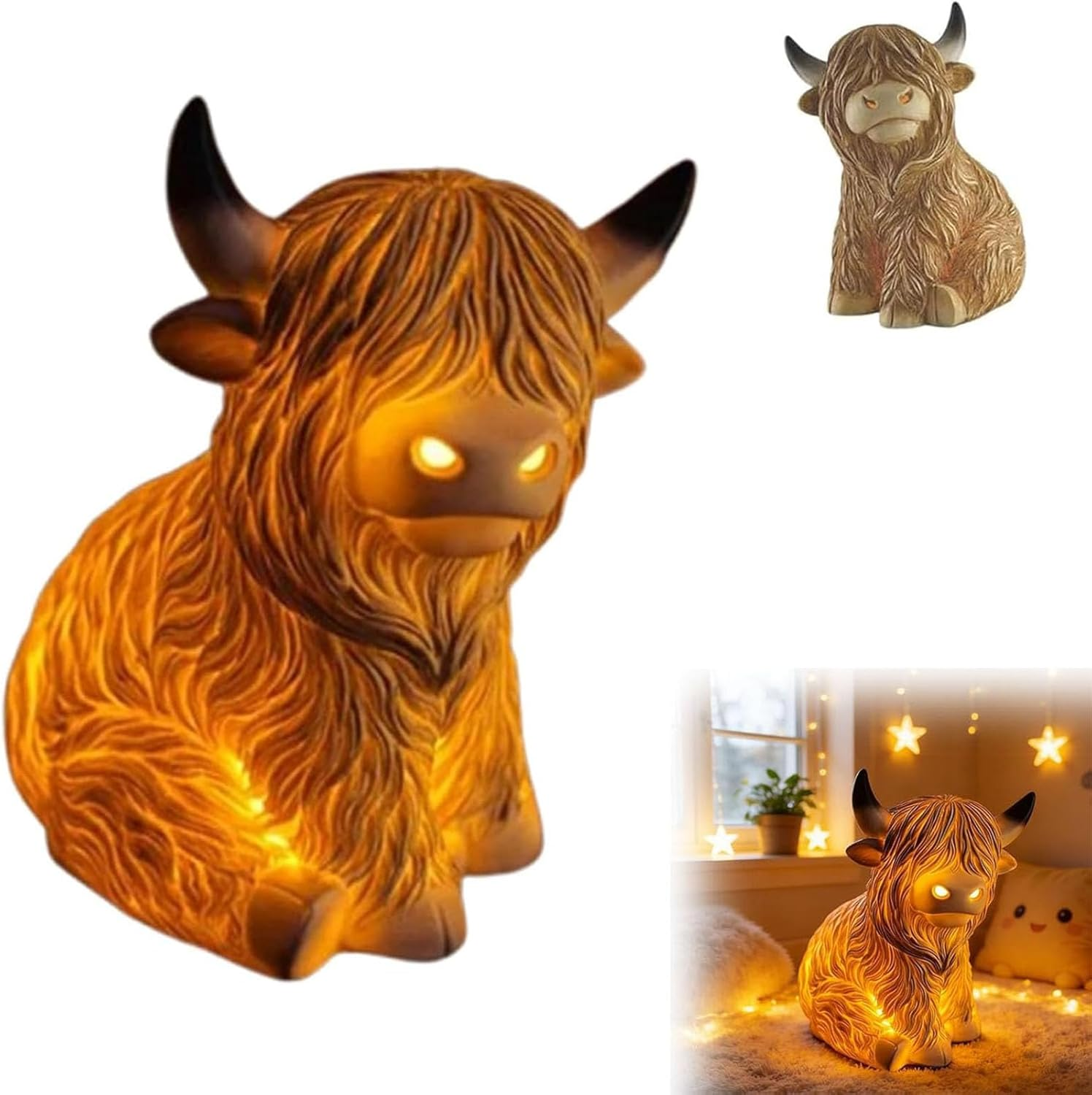 The Cozy Highland Glow: Highland Cattle Lamp, Cow Accent Light, Decorative Table Lamps Night Lights, Rustic Farmhouse Home Animal Decor Lighting for Bedroom Nursery Living Room, Shelf & Gift (8In)