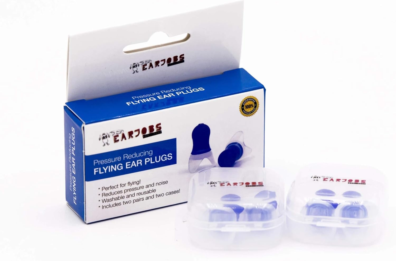 Earjobs&trade; Pressure Reducing Flying Ear Plugs 2.0 Earplugs for Travel (2 Pairs + 2 Cases) as Featured on Qantas Travel Insider