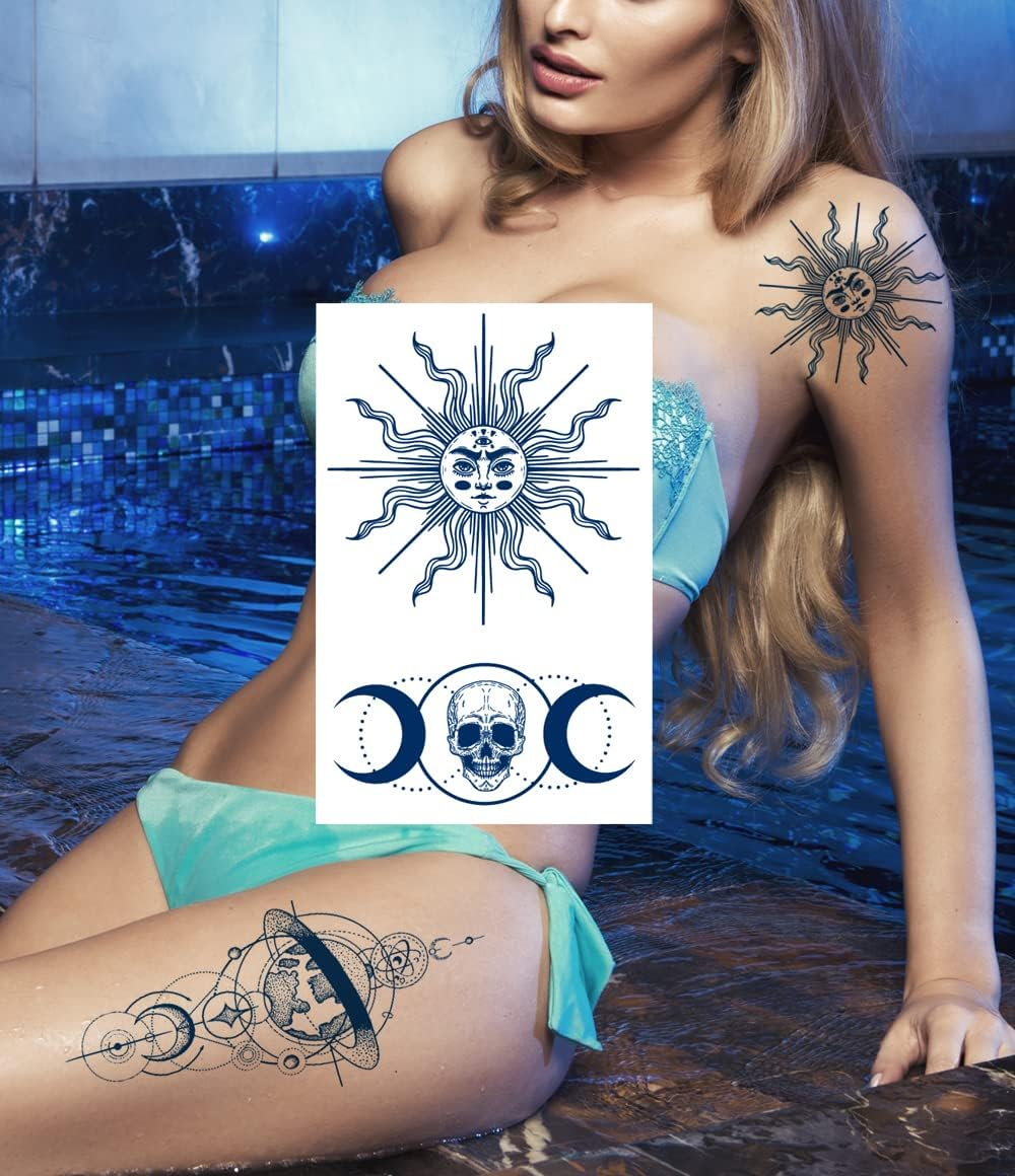 Space Semi Permanent Tattoo, 6-Sheet Long Lasting 1-2 Weeks Temporary Tattoos Universe Sun Moon Stars Tattoo Stickers, Waterproof 100% Plant-Based Ink Infinity Realistic Fake Tattoos For image number 2