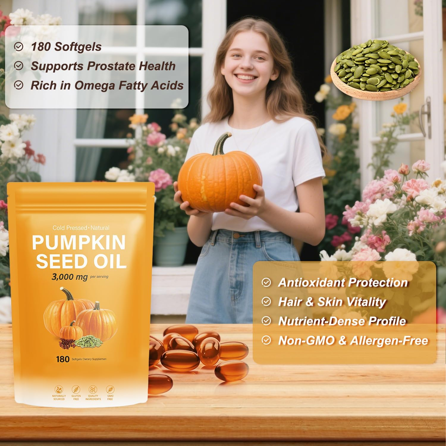 Pumpkin Seed Oil with Saw Palmetto, 3000Mg | Cold Pressed, Pure Virgin Oil, Essential Fatty Acids & Phytsterols | Non-Gmo | 180 Softgels image number 5