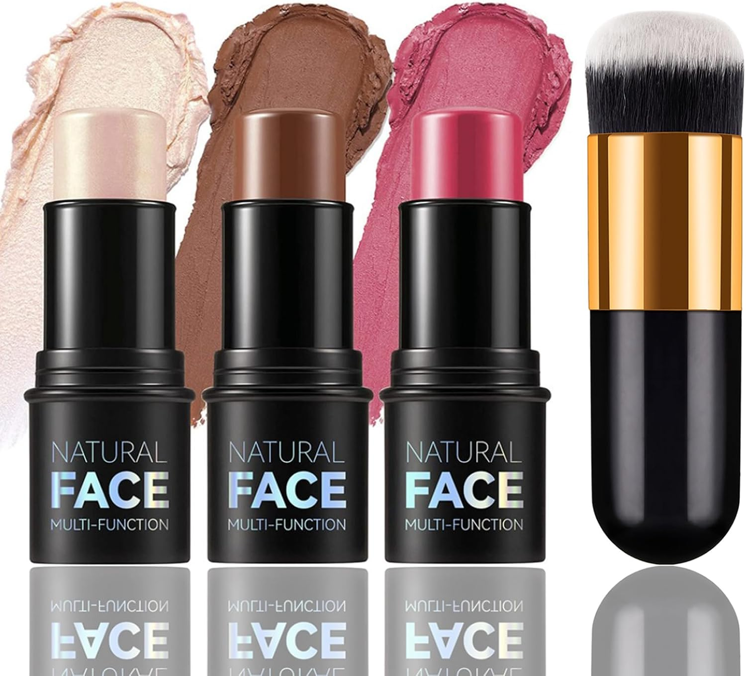 Roseflower 3Pcs Face Contour Makeup Set, Highlighter and Blush Cream Kit with Brush, Contouring Stick for Fair Skin, Concealer for Beginner Women Teen Girls