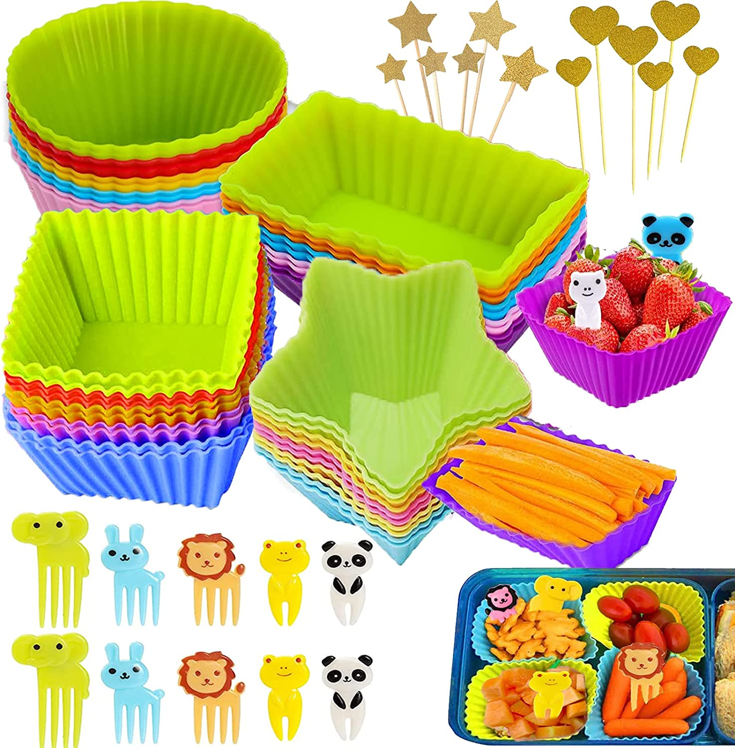 Silicone Cupcake Liners,40Pcs Reusable Silicone Baking Cups with 10 Food Picks,Non-Stick Muffin Liners Pastry Cake Molds,Silicone Lunch Box Dividers with 12Pcs Cake Toppers,Multicolour Baking Set image number 1