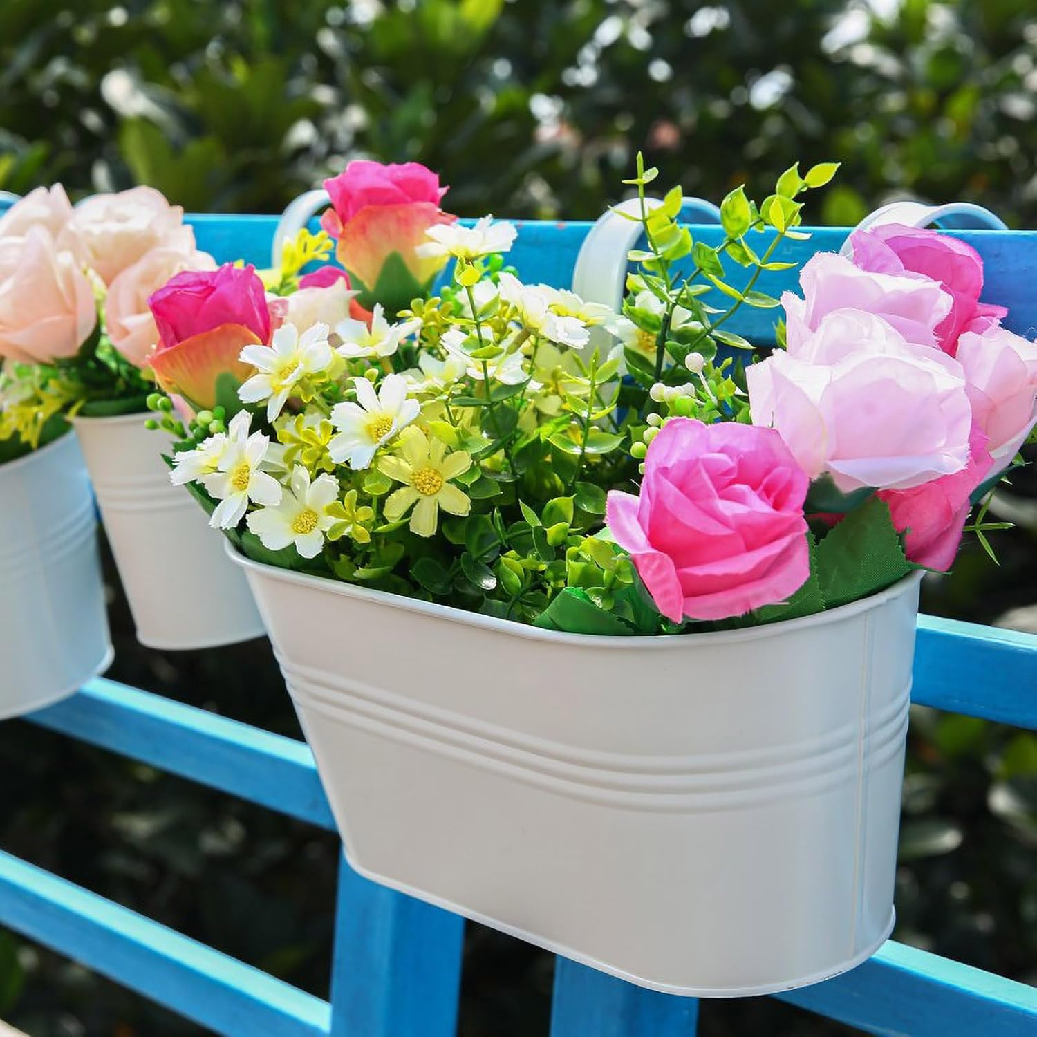 River 2 Pack Metal Iron Hanging Flower Pot, Oval Railing Planter Fence Garden Balcony Planter Hanging Plant Pot Metal Bucket Flower Holders with Detachable Hooks for Outdoor Indoor Home D&eacute;cor(Grey) - Grey image number 3