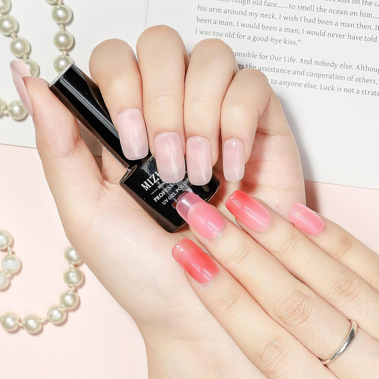 MIZHSE 12 Colors Jelly Gel Nail Polish Set, Clear Translucent Spring Summer Gel Polish 7Ml, Pink Green Purple Sheer Manicure Kit UV LED Soak off Varnish for Home Salon image number 4