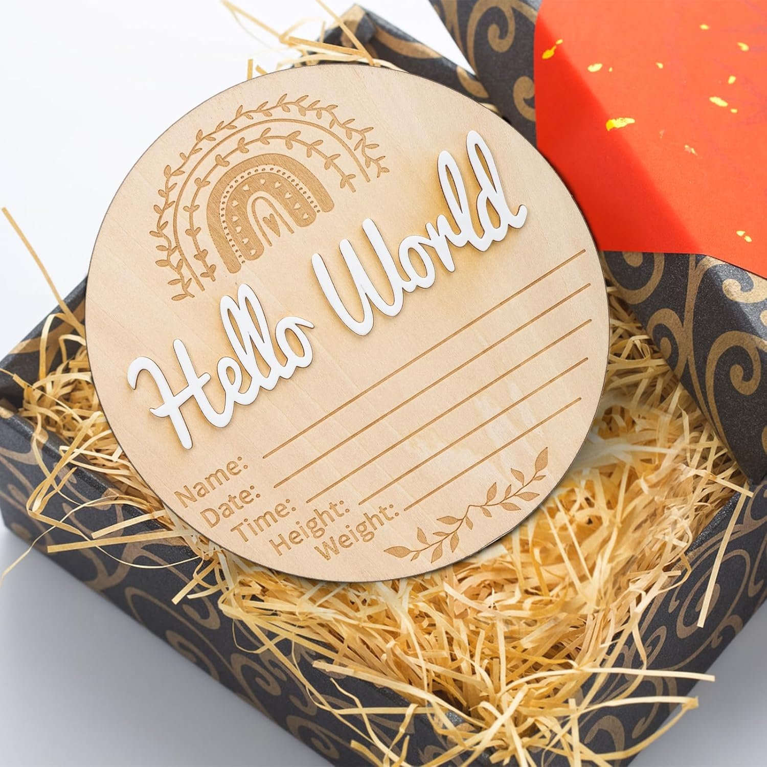 NQEUEPN Baby Announcement Sign, 5.91X5.91In Hello World Newborn Sign Wooden Baby Name Information Sign Birth Announcement Cards for Newborn Baby Wall Decoration Shower Nursery (Rainbow Pattern)