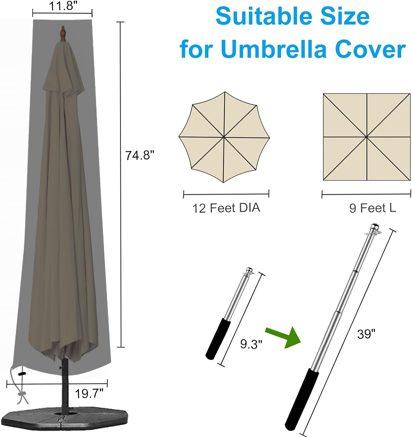 OKPOW Patio Umbrella Cover for 9Ft to 12Ft Outdoor Umbrellas - 420D Waterproof Garden Market Umbrella Cover outside Parasol Covers with Zipper for Deck Pool Beach Umbrellas, Black