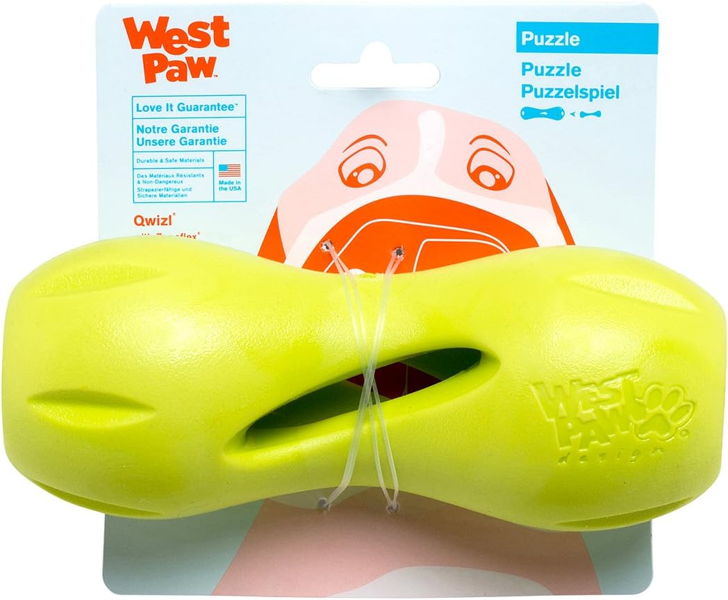 West Paw Zogoflex Qwizl Dog Puzzle Treat Toy &ndash; Interactive Chew Toy for Dogs &ndash; Dispenses Pet Treats &ndash; Brightly-Colored Dog Enrichment Toy for Aggressive Chewers, Fetch, Catch, Small 5.5", Granny Smith