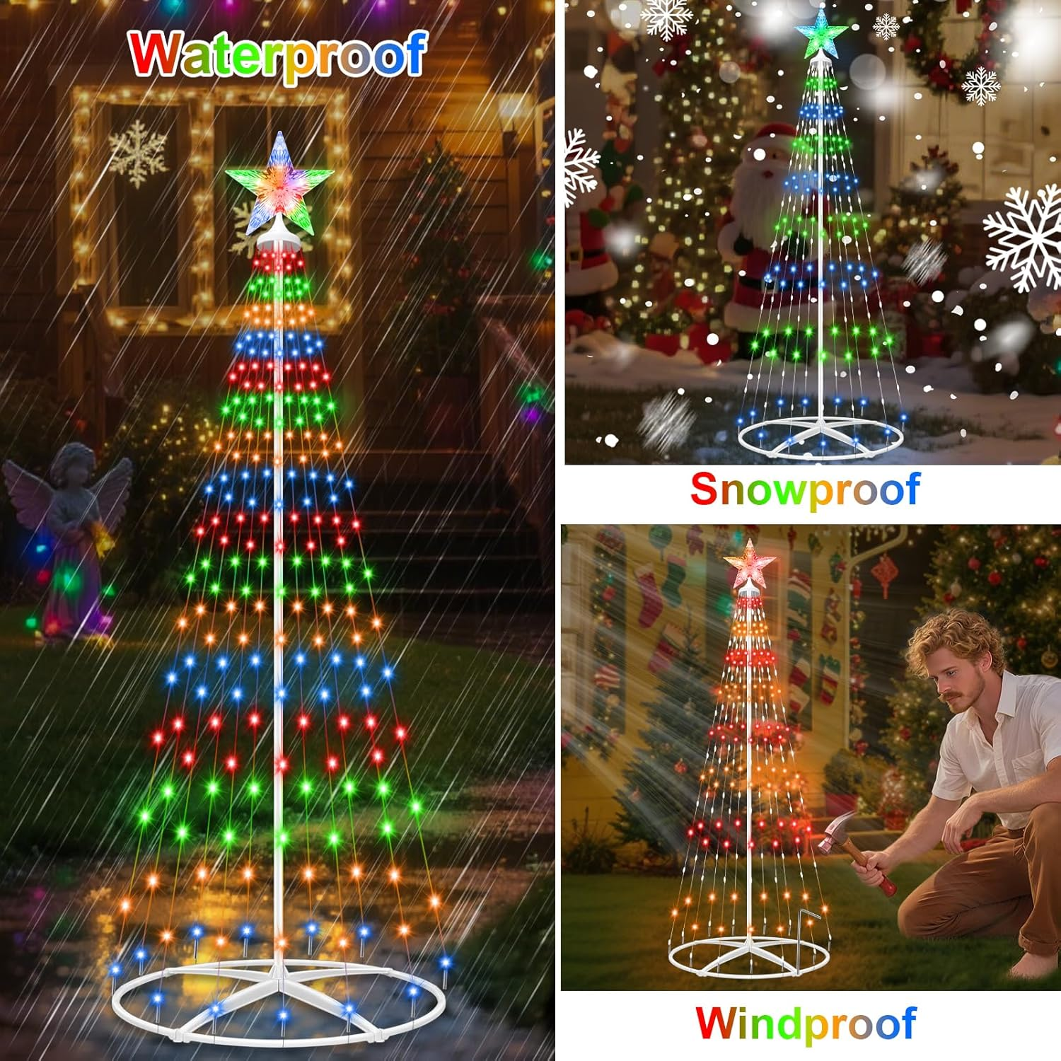 HELESIN LED Christmas Cone Tree Light with Star Topper, 1.5M 204 LED Outdoor Lightshow Christmas Tree with 8 Modes Timer Remote for Yard Patio Indoor Decorations