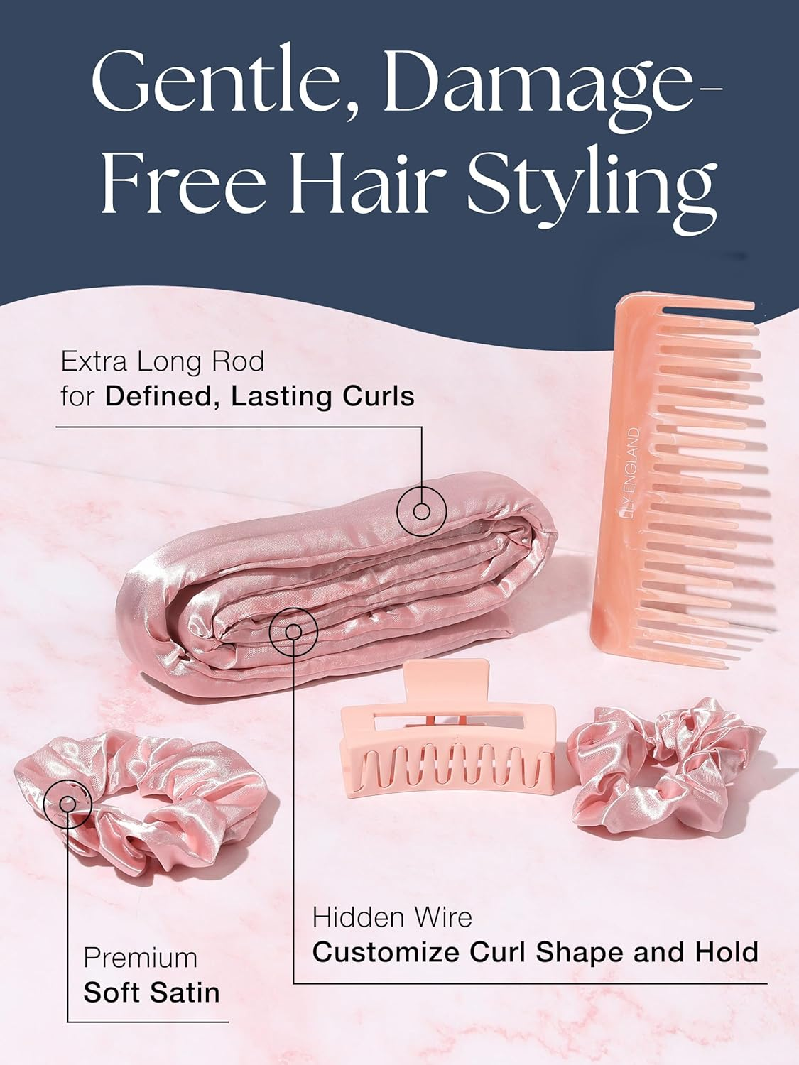 Lily England Heatless Hair Curlers to Sleep in - No Heat Curling Gift Set Includes Satin Headband, Hair Clip, Comb & 2 Scrunchies - Sleek & Smooth Overnight Curls (Peach, 6 Pack)