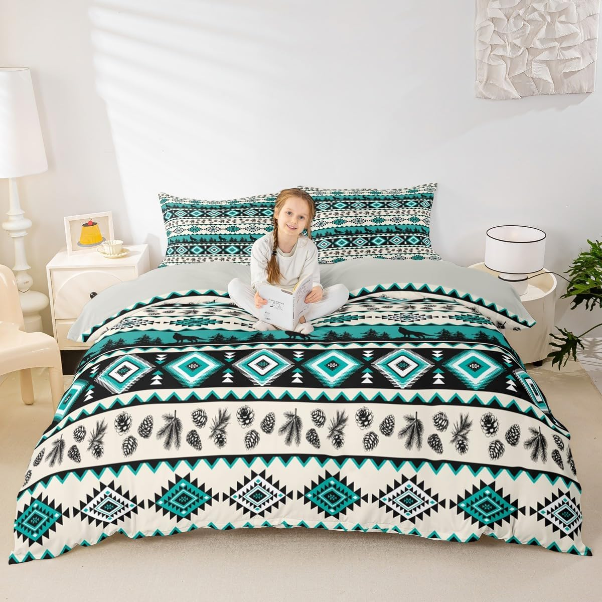 Manfei Aztec Geometric Kids Duvet Cover Set Queen Size,Southwest Tribal Ethnic Bedding Set,Wolf Rustic Cabin Girls Boys Room Decor,Beige Retro,2 Pillowcases(No Comforter) image number 3
