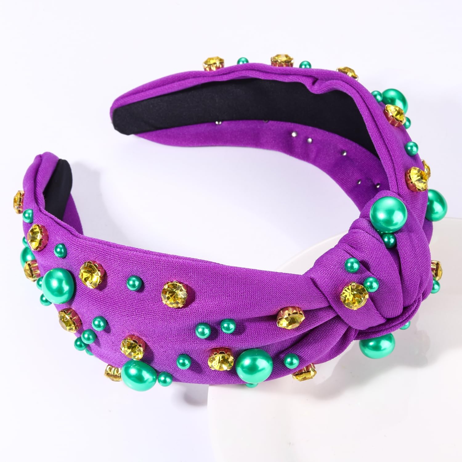 GLBCC Mardi Gras Hairband for Women Purple Pearl Rhinestone Knotted Headband Carnival Parade Party Hair Accessories image number 3
