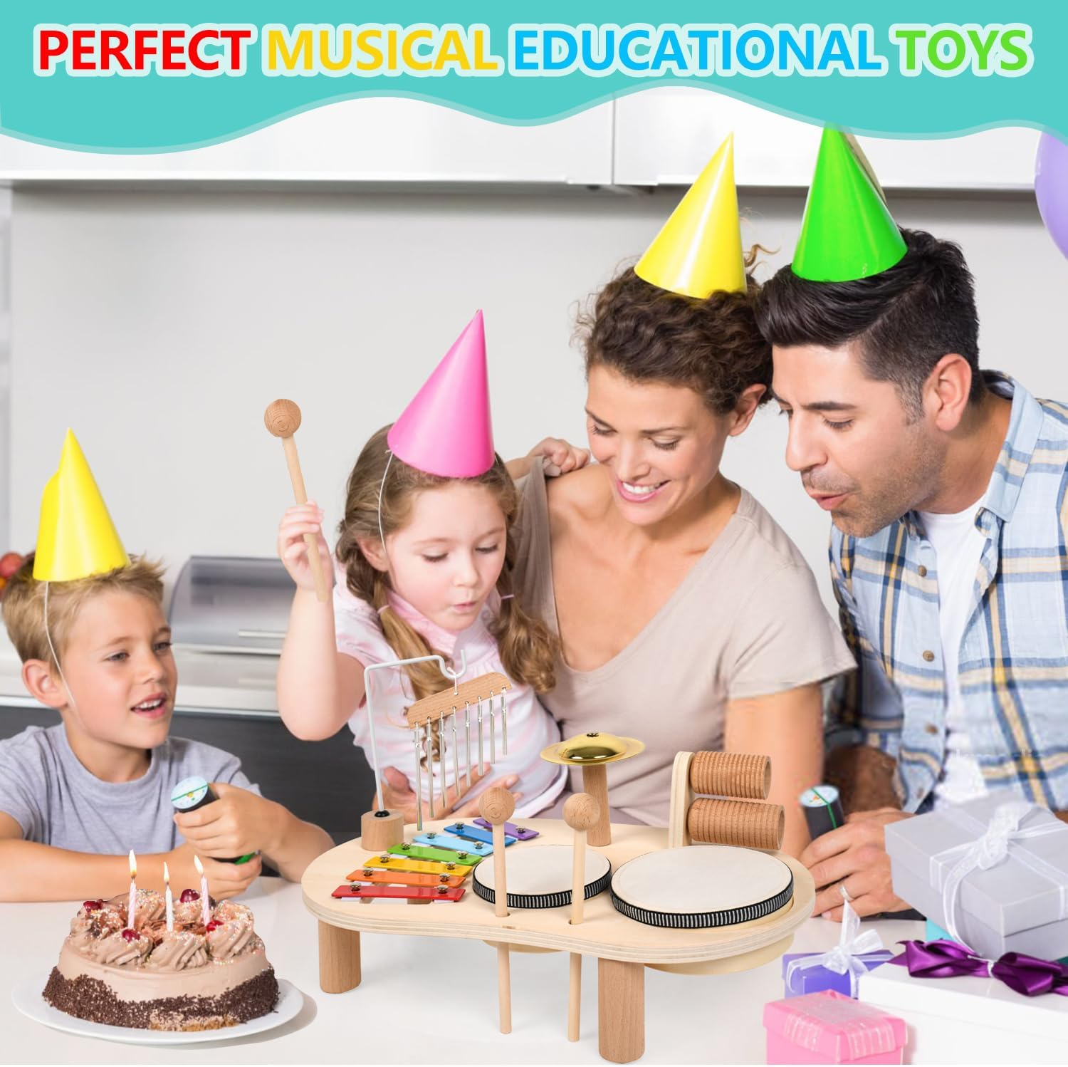 Baby Musical Instruments Toys Kids Drum Set for Toddlers Baby Music Instruments 7 in 1 Montessori Preschool Musical Toys Children Drum Kit Xylophone Tambourine Birthday Gifts for Boys and Girls image number 6