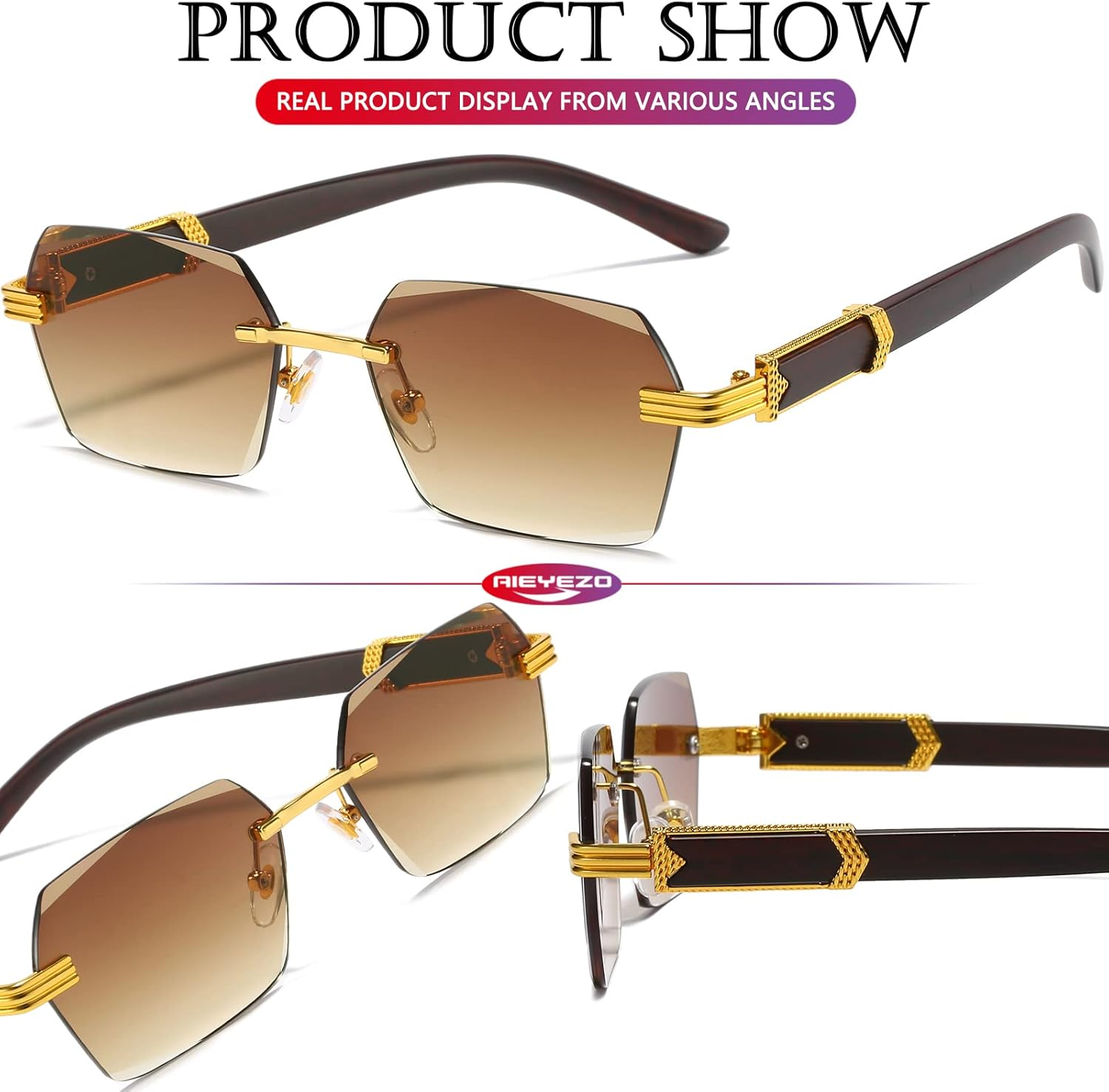 AIEYEZO Retro Rimless Sunglasses Rectangle Women Men Vintage Frameless Sun Glasses Fashion Frameless Square Tinted Glasses image number 4