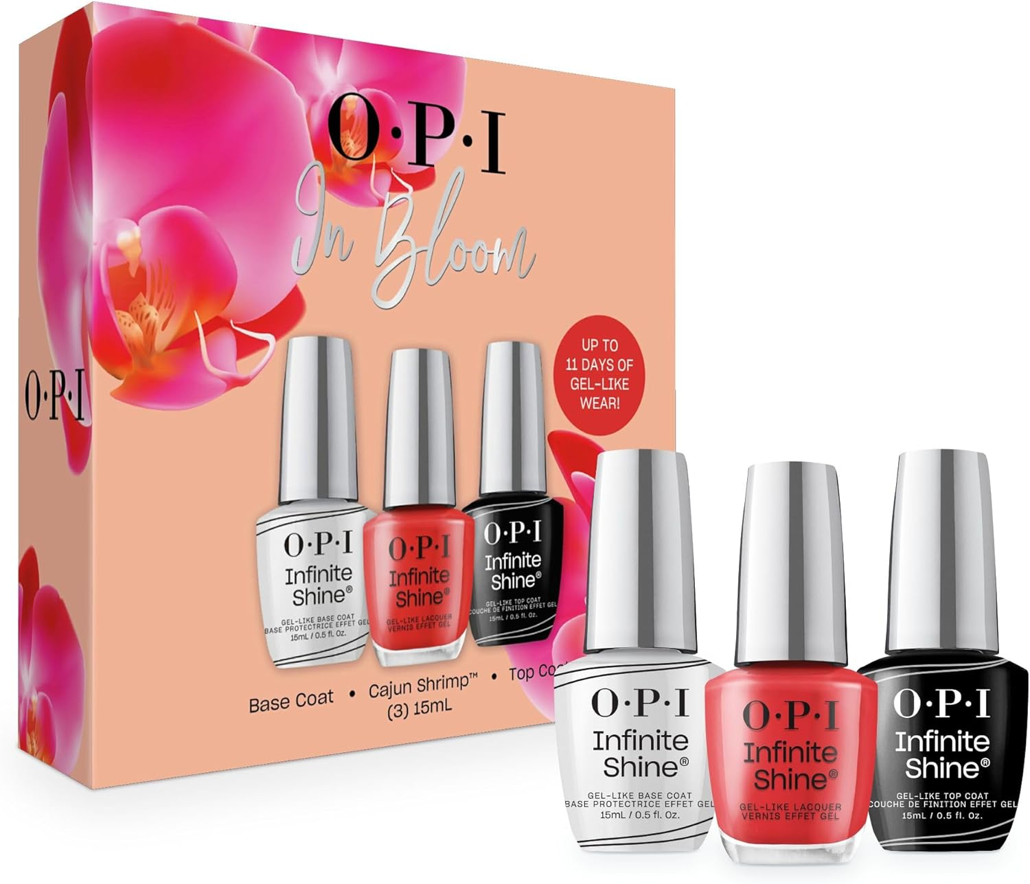 OPI Infinite Shine Long Wear Nail Polish, up to 11 Days of Wear & Gel-Like Shine, Trio Gift Set - Base Coat, Cajun Shrimp, Top Coat image number 1