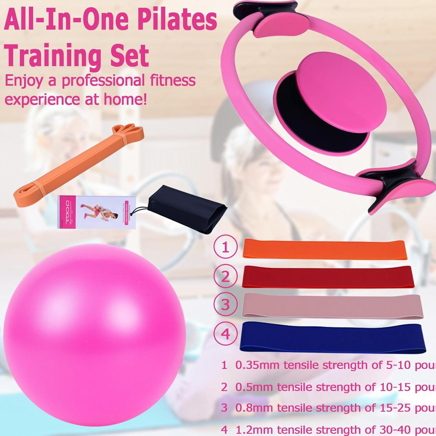 Pilates Ring Set, Pilates Equipment Kit with 15&rdquo; Magic Circle with Dual Padded Handles, Includes Yoga Pilates Ball & 4 Resistance Bands - Starter Workouts Equipment Kit for Women at Home image number 1