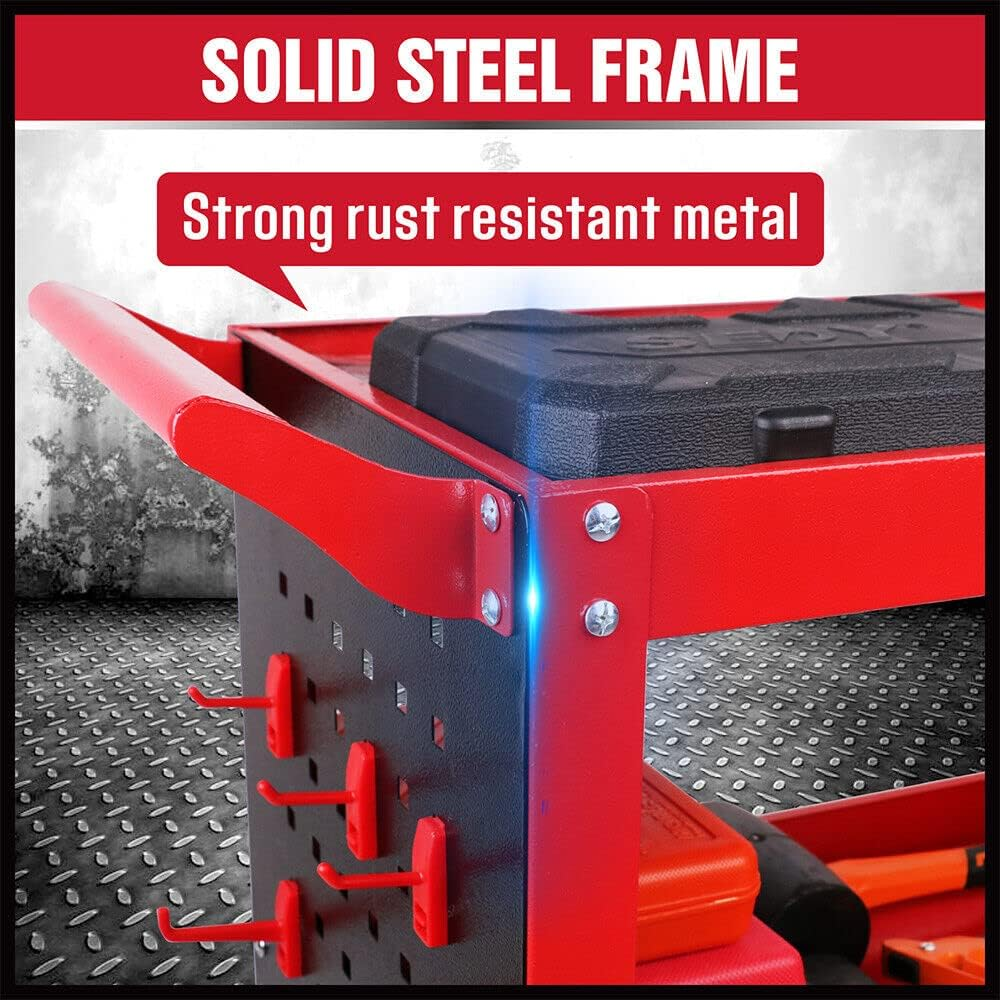 HORUSDY 3-Tier Tool Storage Trolley, Workshop Steel Cart Mechanic Swivel Lock Wheel with Pegboard, Hooks and Screwdriver Holder (RED) image number 3