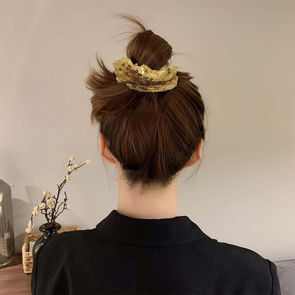 12 Pcs Gold Sequin Scrunchies Bridesmaid Scrunchies Elastics Ponytail Holders Hair Wrist Ties Bands Cloth Scrunchies for Show Gym Dance Party Club Girl Women image number 6