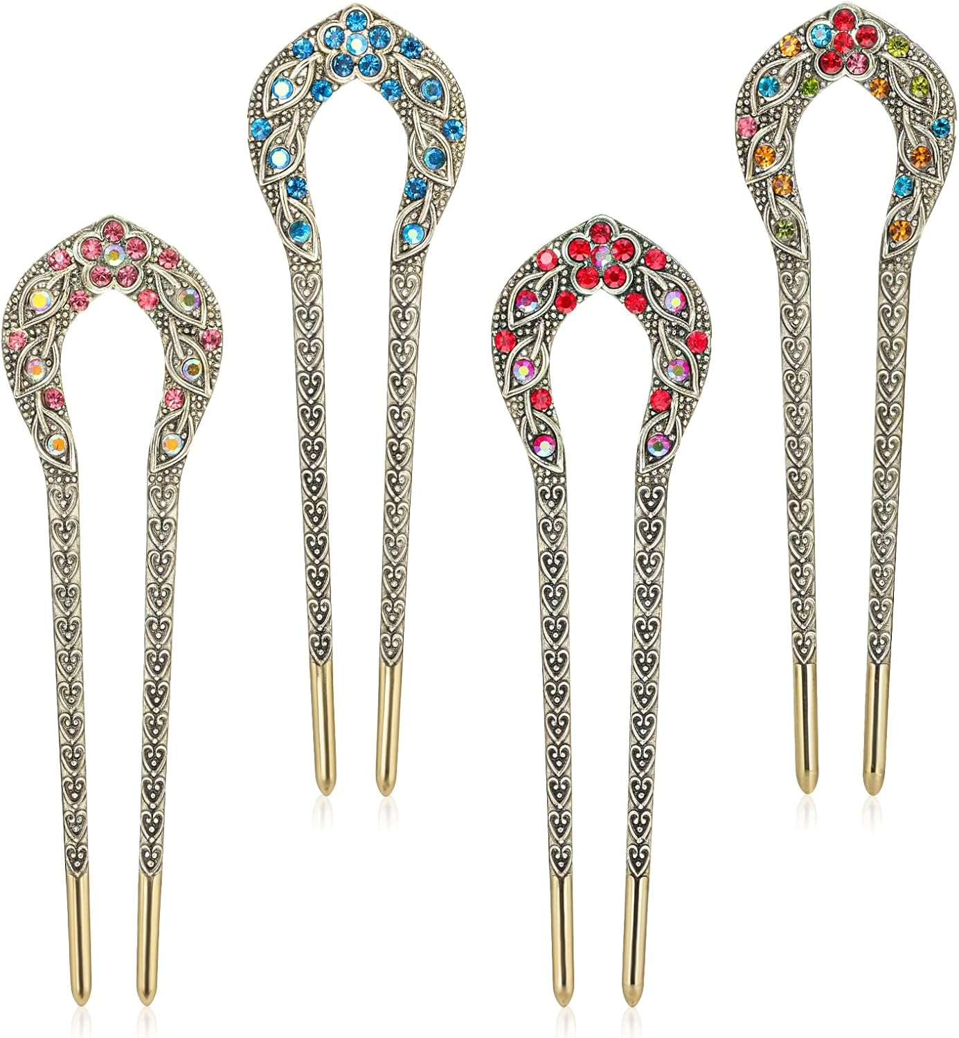 Sibba French Hair Pins 4 Pcs U Shape Hair Fork Pins Chopsticks Hairpins Picks Metal Hair Sticks Hairclips Vintage Long Hair Hairstyle Accessories for Bun Braids Women image number 2