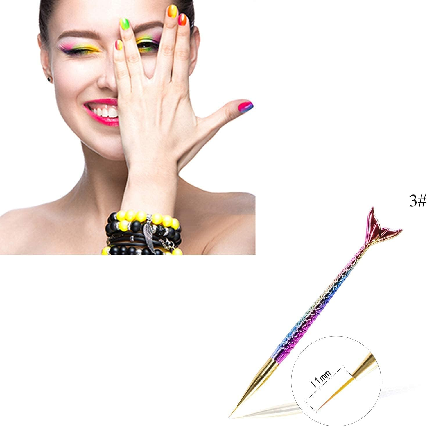 ANCLLO Pack of 3 Nail Art Brushes, Professional Nail Art Brushes, Colourful Fishtail Brushes, Dotting Tool Pieces, Nail Art Liner Brush, Nail Art Painting Liner Pen