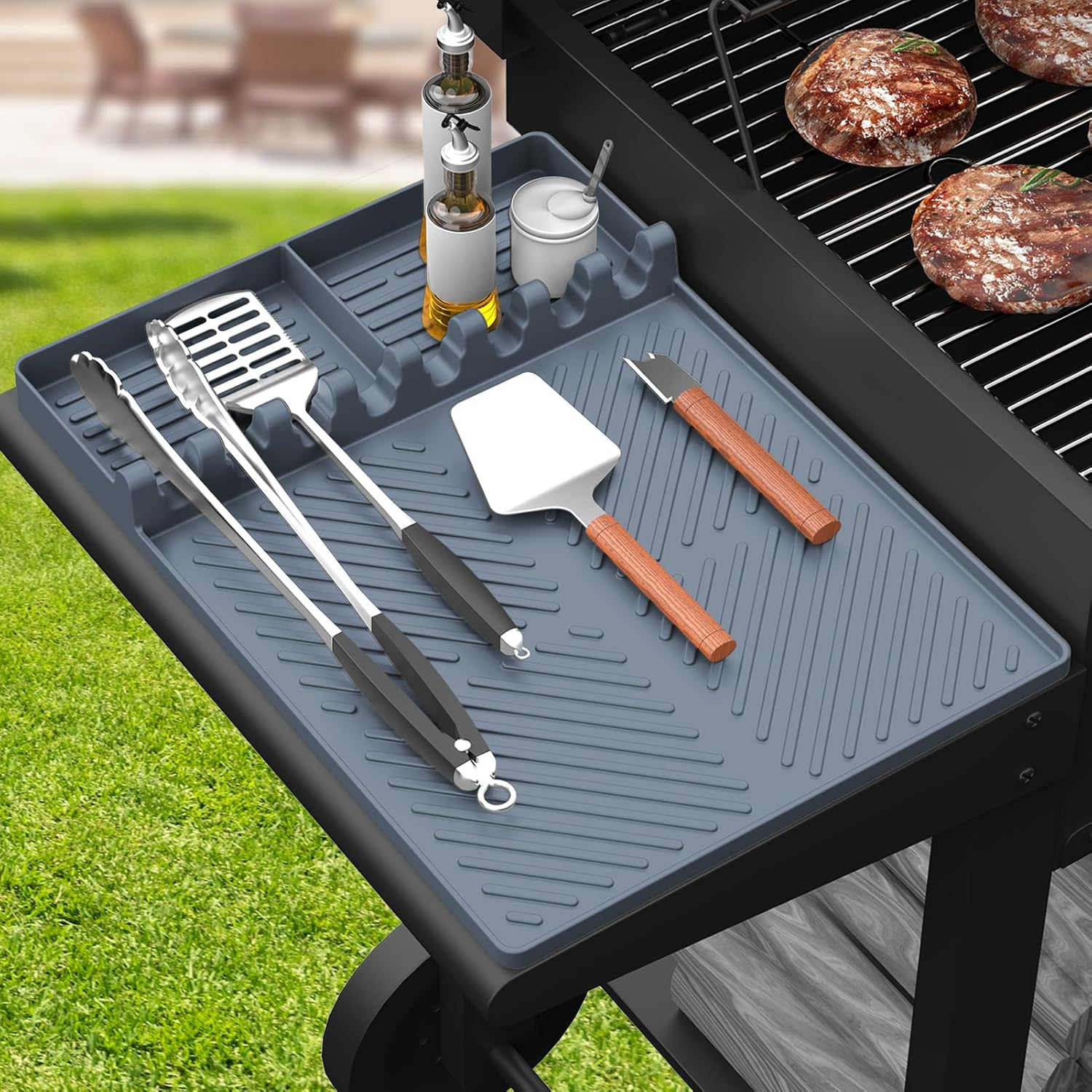 Silicone Griddle Tools Mat for Blackstone, Griddle Accessories Side Shelf Mat Grill Pad with Drip Pad (Grey)