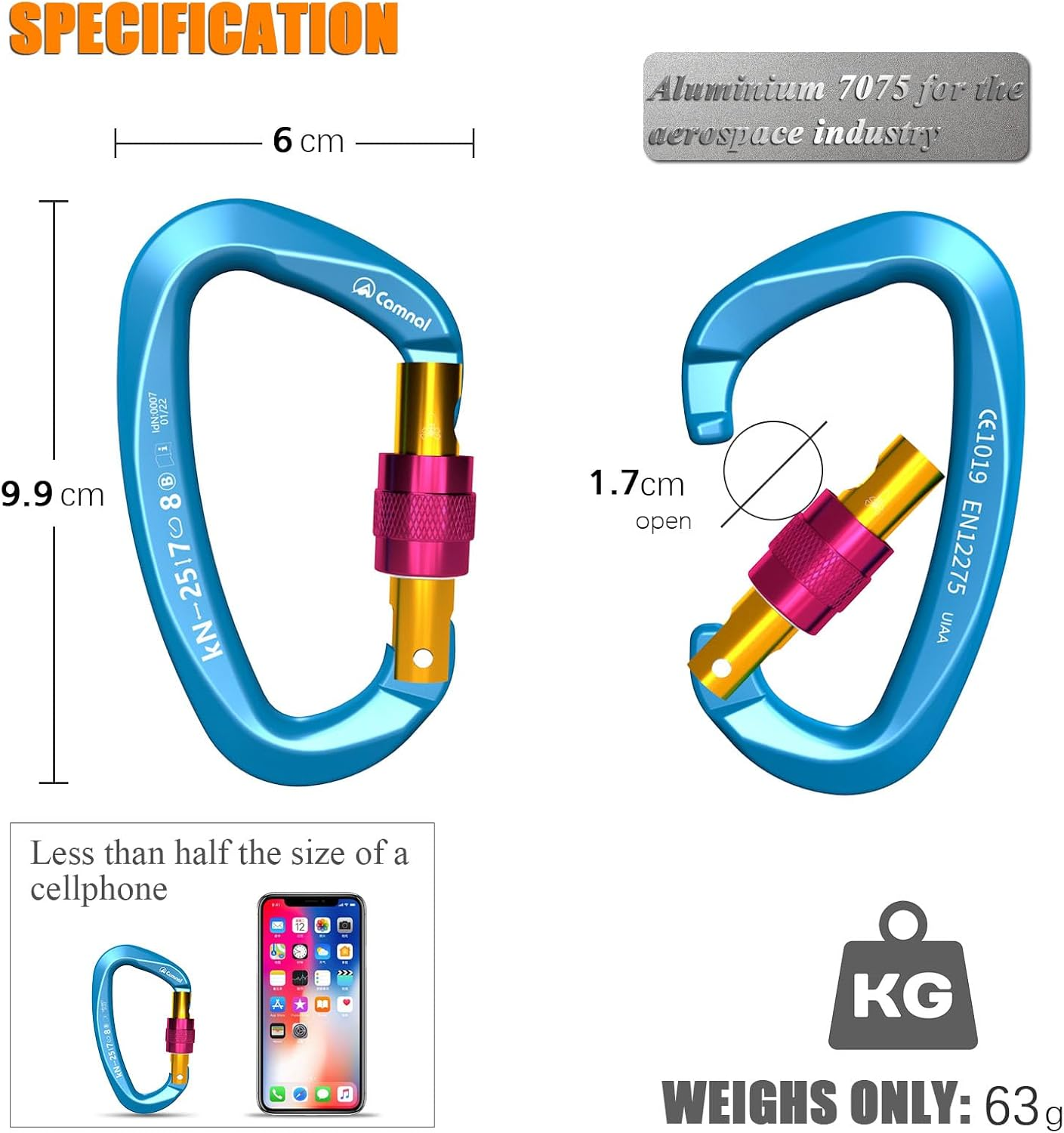 CAMNAL UIAA & CE Certified Heavy Duty Locking Carabiner 25KN (5620 Lbs) Screw Lock D Shape Carabiner Clip for Rock Climbing, Mountaineering, Aerial Work image number 3
