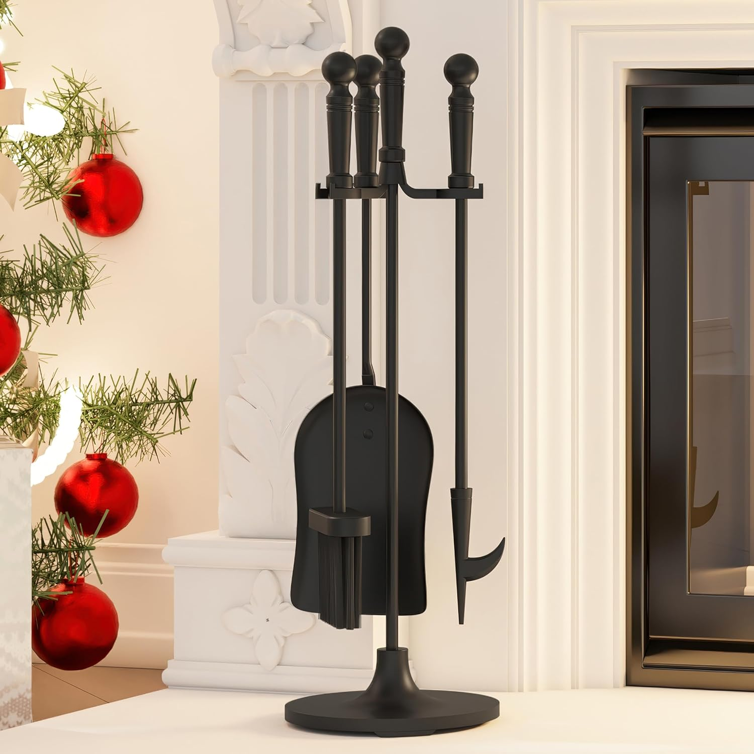 Kingson 4 Piece Cast Iron Fireplace Tool Set Including Brush, Shovel, Poker, Stand, Diameter 16.5 X 53 Cm, Fireplace Companion Set image number 6