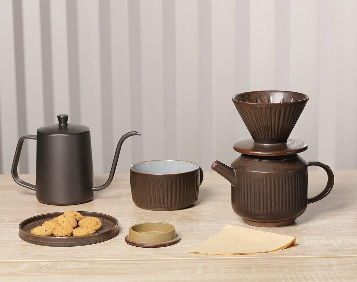 Pottery Pour over Coffee Maker, Ceramic Cone Filter Hand Drip Coffee Dripper, Reusable Stoneware Pourover Coffee Brewer, Size 02 (Rustic Chocolate Brown)