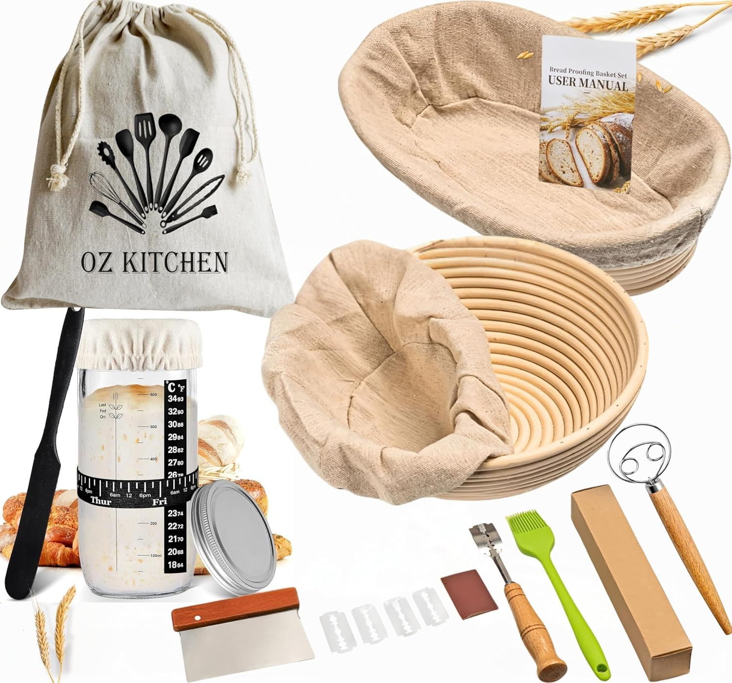 Rattan Sourdough Starter Jar Kit &ndash; Glass Sourdough Jar with Lid, Banneton Bread Proofing Baskets, Whisk, Lame, Scraper & More &ndash; All-In-One Gift Set for Artisan Bread Makers