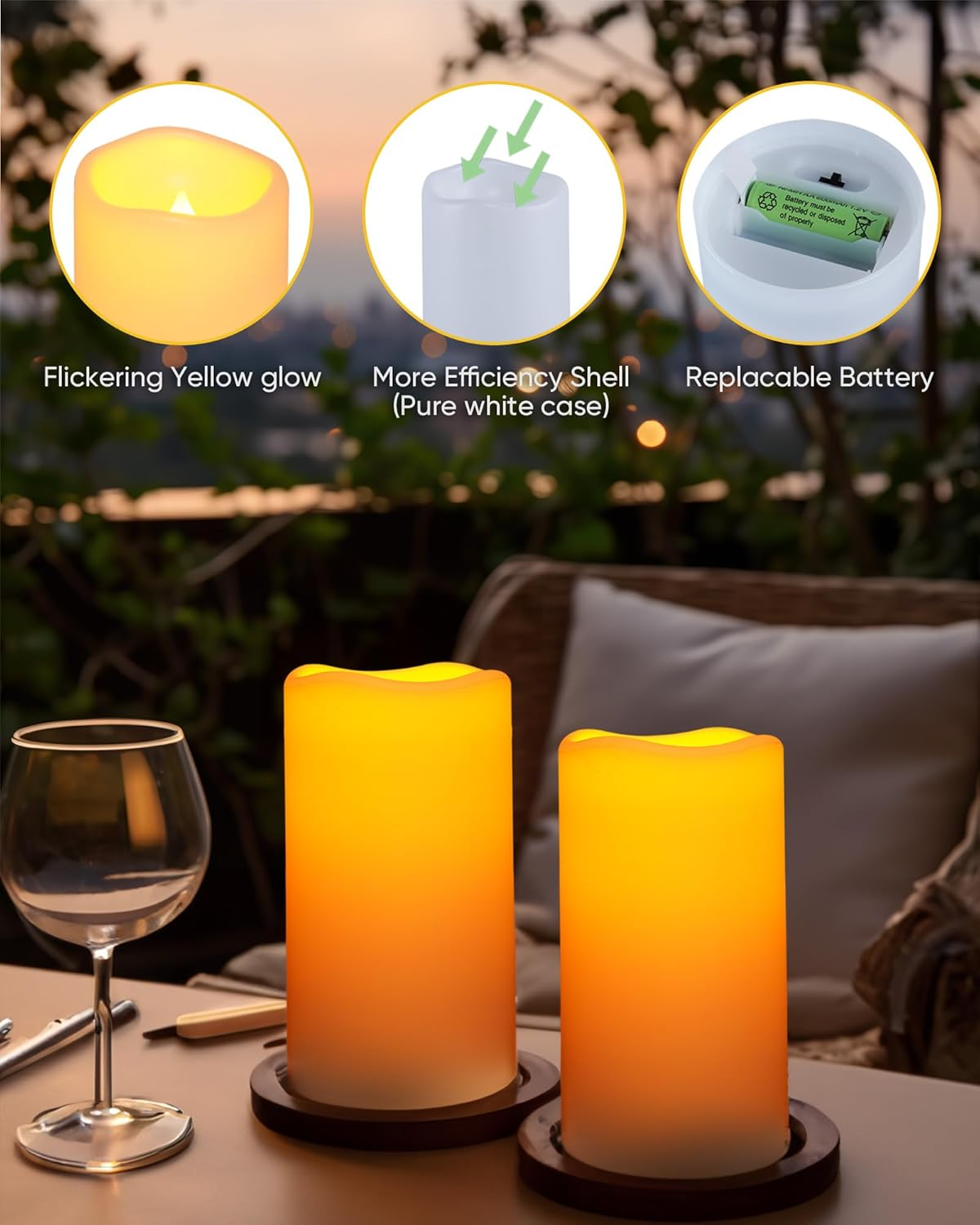 Homemory Solar Candles Outdoor Waterproof, 3"X6" Rechargeable Solar Powered Lights, Flameless Flickering Dusk to Dawn Sensor Outdoor Pillar Candles for Halloween, Lanterns, Garden, Patio, Porch image number 2