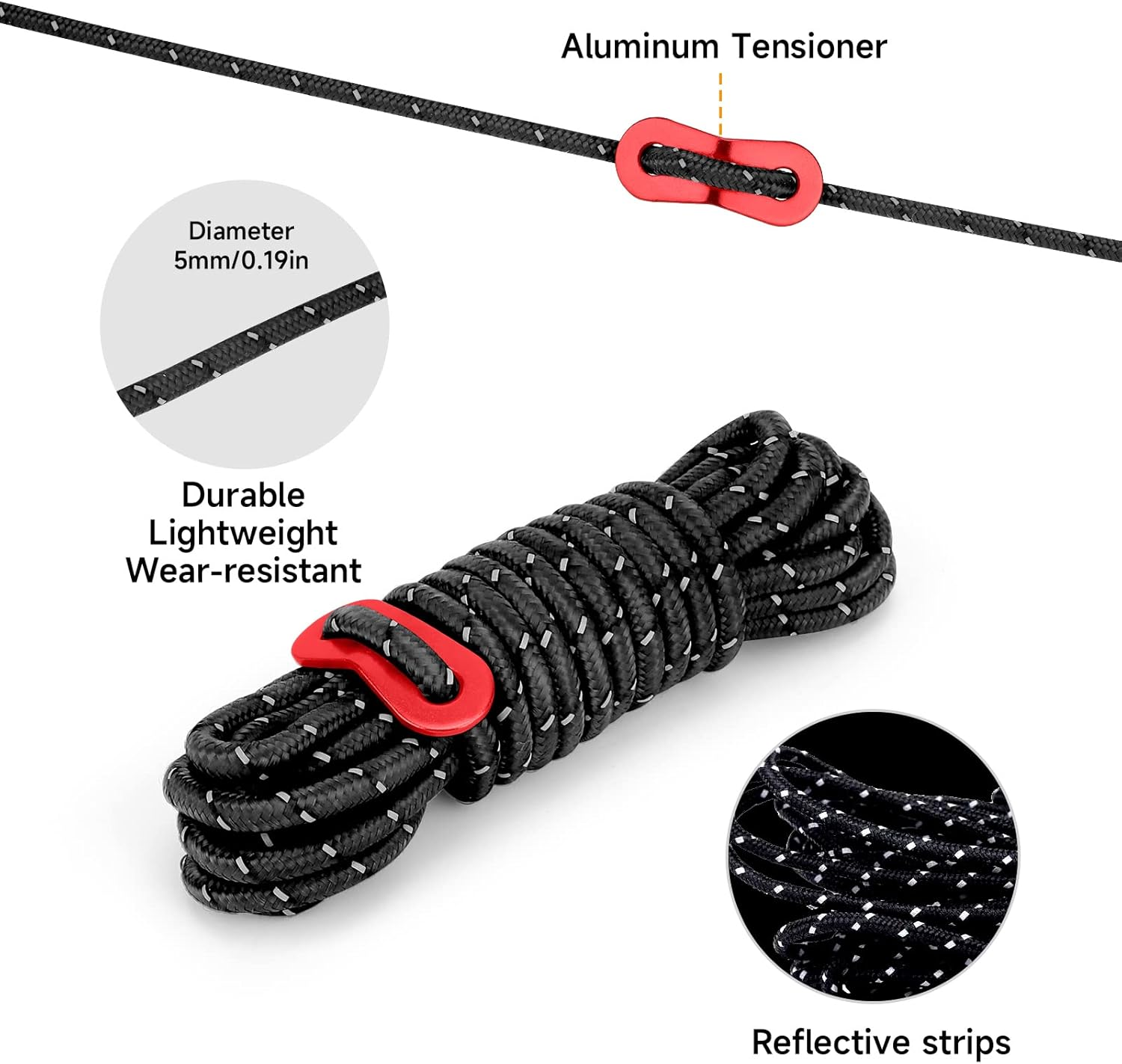 KOMCLUB 4Mm Reflective Guy Lines Tent Cords, Lightweight Camping Rope with Aluminum Guylines Adjuster Tensioner Pouch for Tent Tarp Canopy Sheleter Camping Hiking (Black- 8 Pack) image number 1