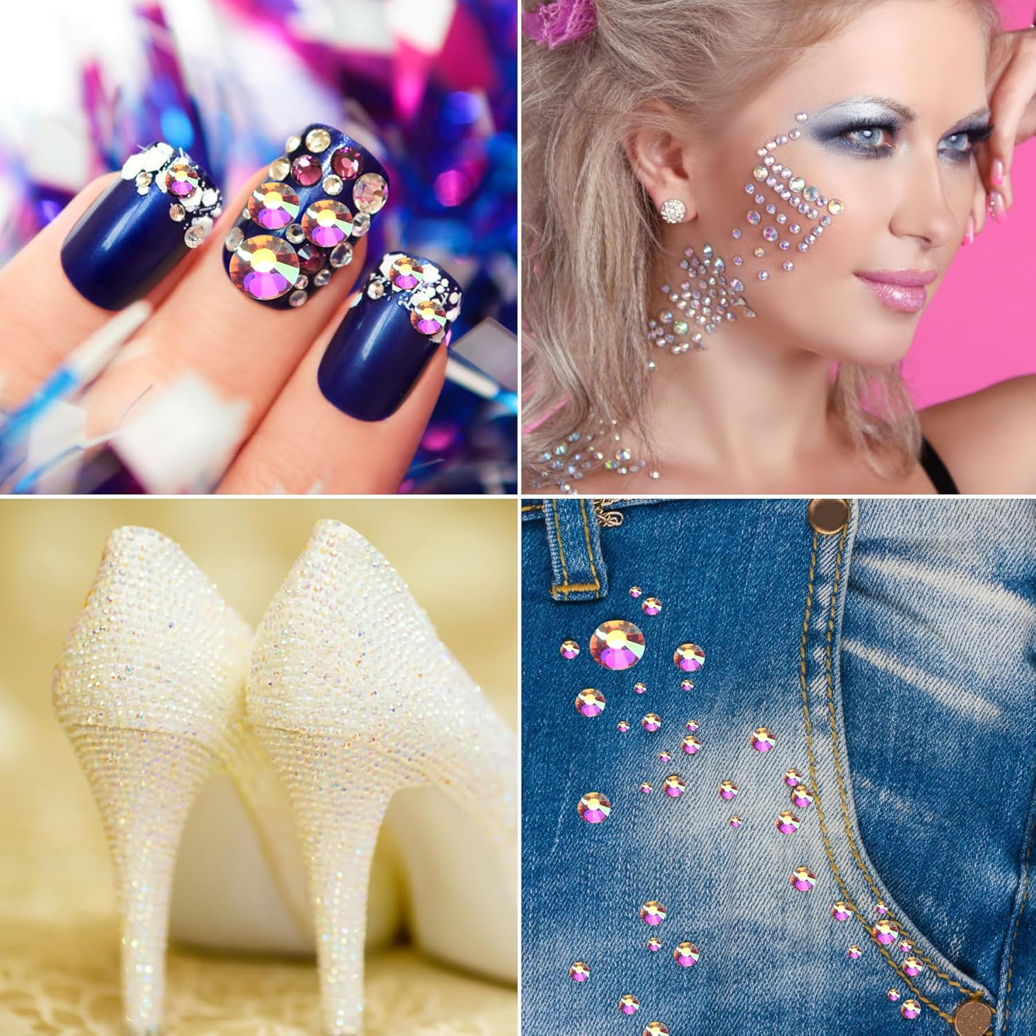 Jollin 1440Pcs Glue Fix Crystal Flatback Rhinestones Glass Diamantes Gems for Crafting Nail Art Crafts Decorations Clothes Shoes 4.8Mm (Ss20, Crystal AB)