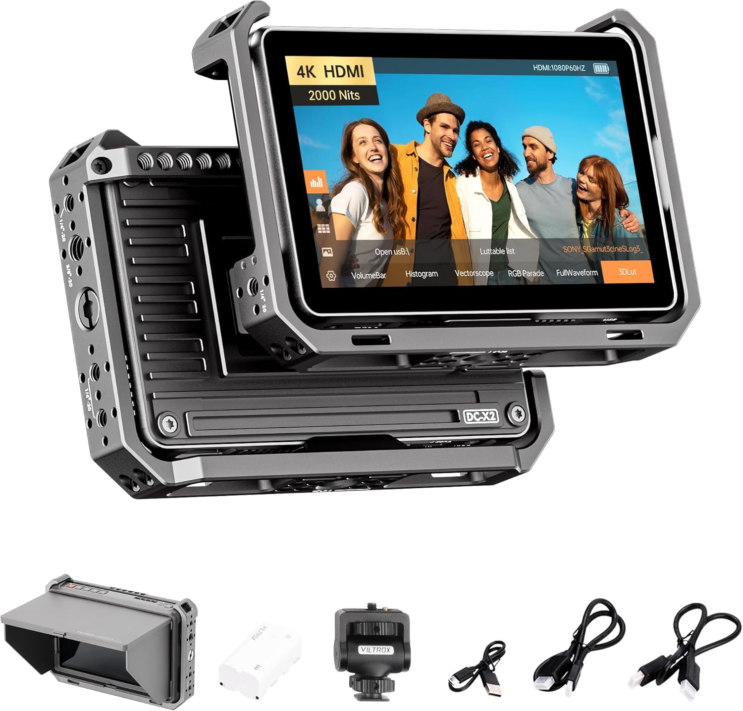 VILTROX DC-X2 2000 Nits Camera Field Monitor Kit with Rig Cage 6 Inch Touchscreen DSLR Monitor with 1920X1080 IPS 4K HDMI Loop In/Out 3D Luts Waveform Video Peaking Focus Assist Battery Sunshade Hood image number 2