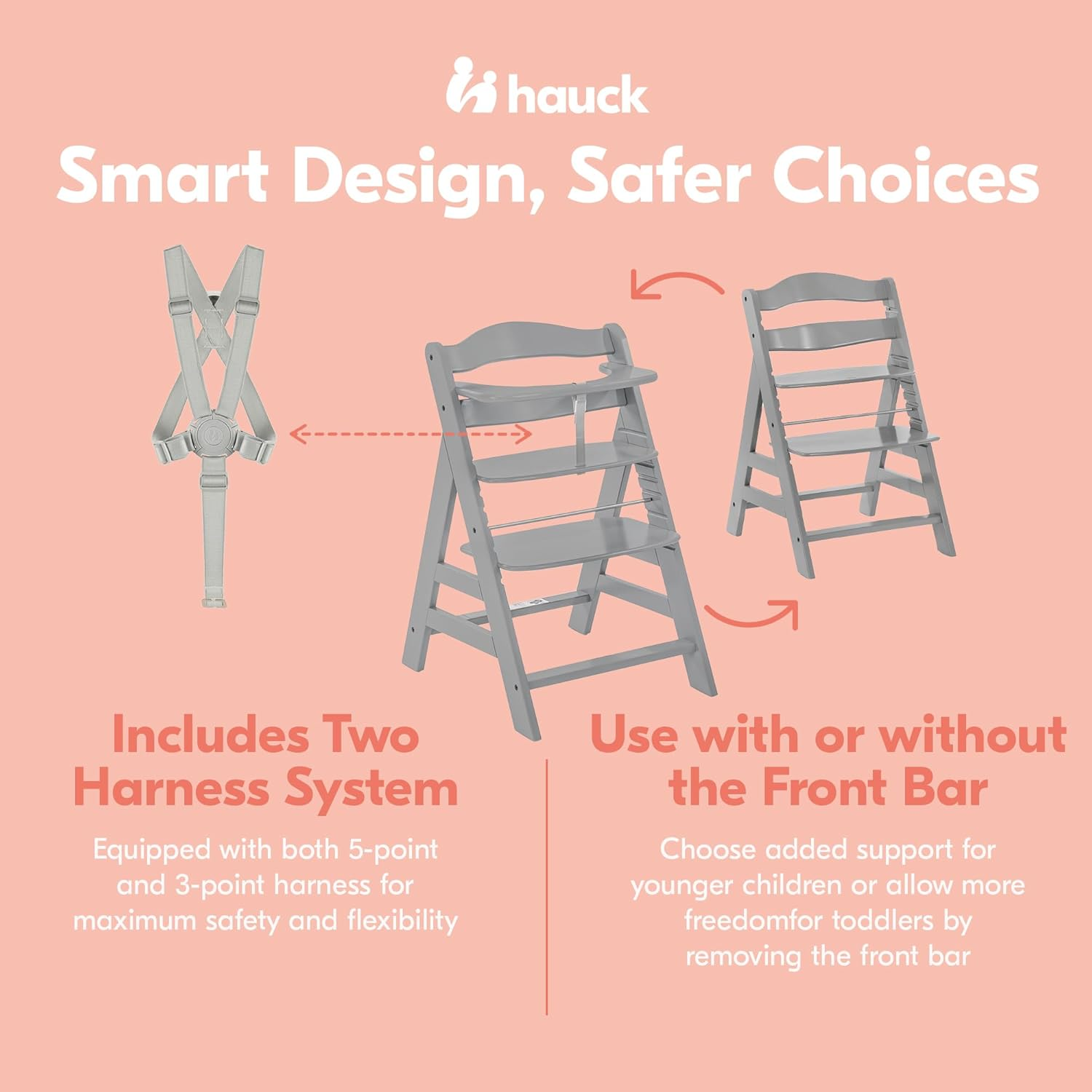 Hauck Alpha+, Grey - Wooden High Chair 6 Months to Adult Sustainable FSC&reg; Certified Beechwood Toddler Feeding and Entertainment Chair, Inclusive 5-Point Harness Bumper Bar Crotch Strap image number 7