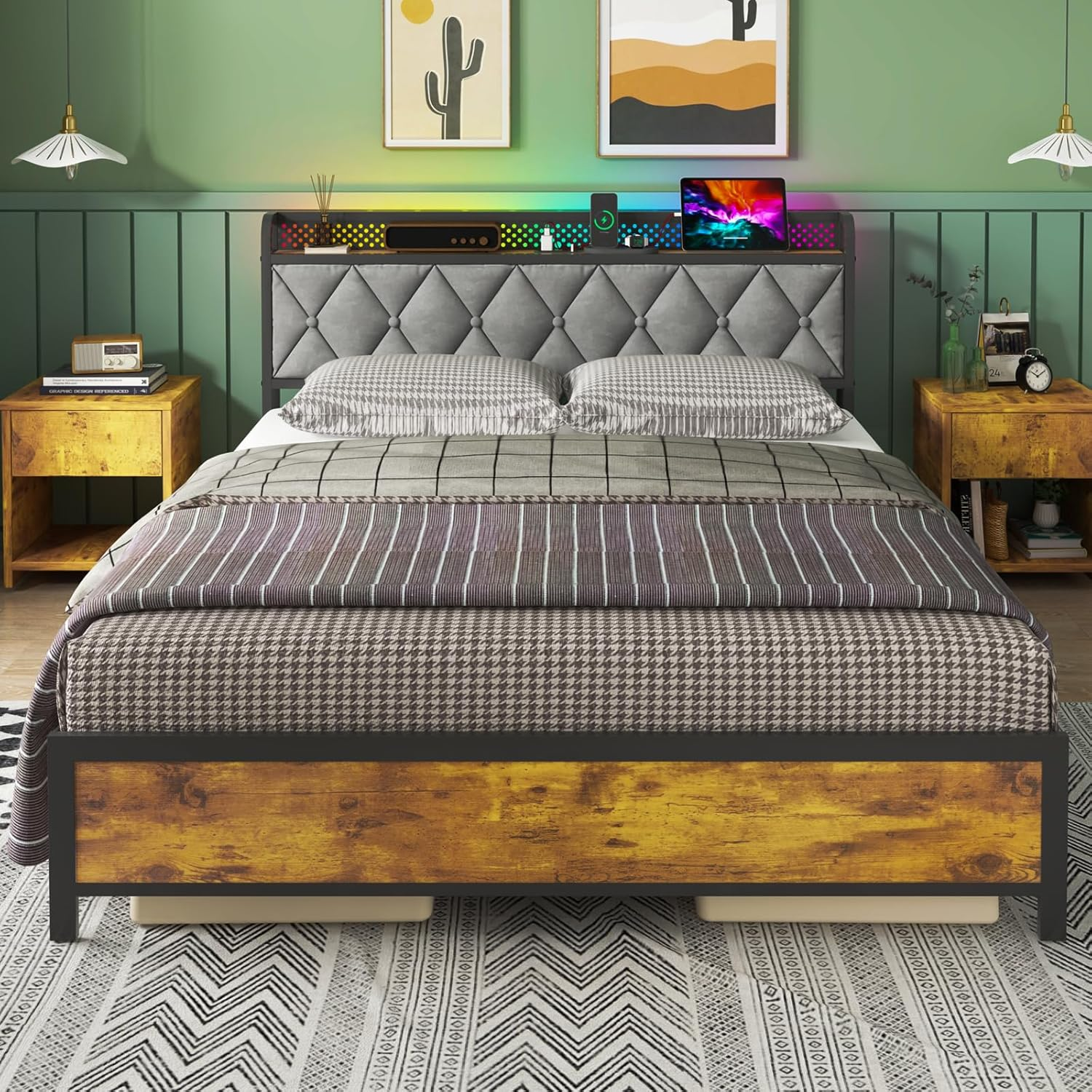 Ufurniture Queen Bed Frame with Headboard Storage, Industrial Metal Bed Base with USB Ports and LED Light, Mattress Platform with Charging Station, Bedroom Furniture image number 6