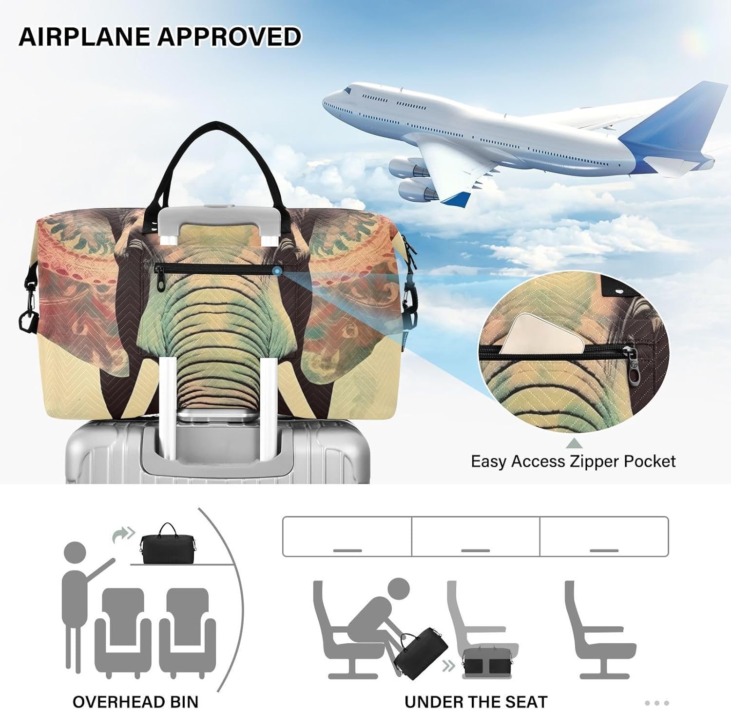 XYMZR Large Travel Duffel Bag, Boho Elephant Colorful Sports Tote Gym Bag, Shoulder Weekender Overnight Bag for Women Men, Carry on Luggage with Toiletry Bags, Multi-Colored, Multi-Colored image number 1