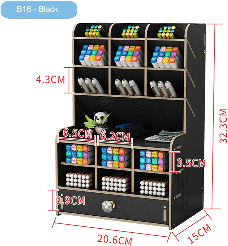 Wooden Desk Organizer with Drawer, Large Capacity DIY Pen Holder Storage Box Desktop Stationary Storage Rack, Pen Organizer Caddies for Office, Home and School Supplies (B16-Black) image number 3