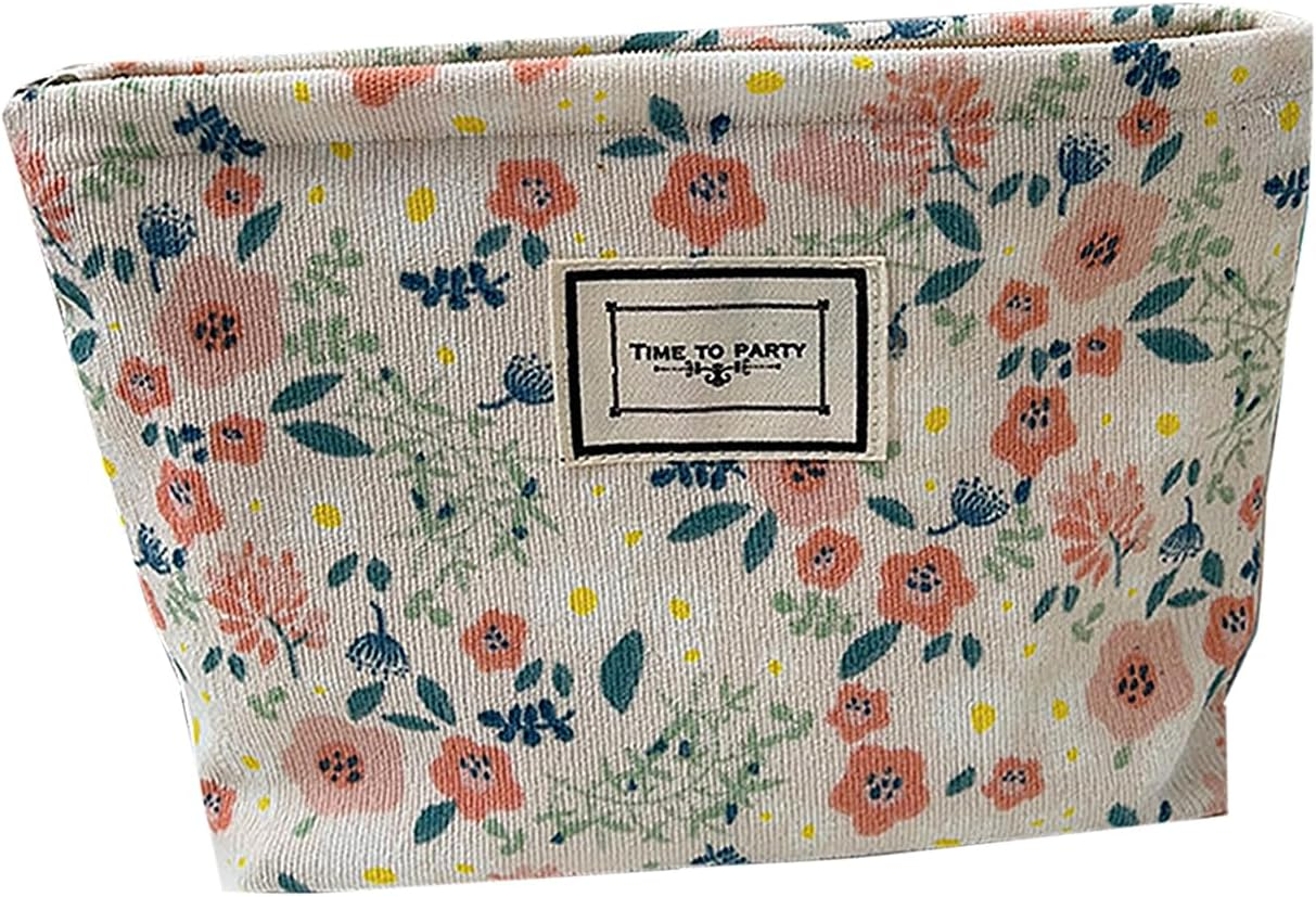 Gidary Floral Cosmetic Bag Makeup Bag Preppy Cute Corduroy Toiletry Bag for Women Travel Essentials（Green）