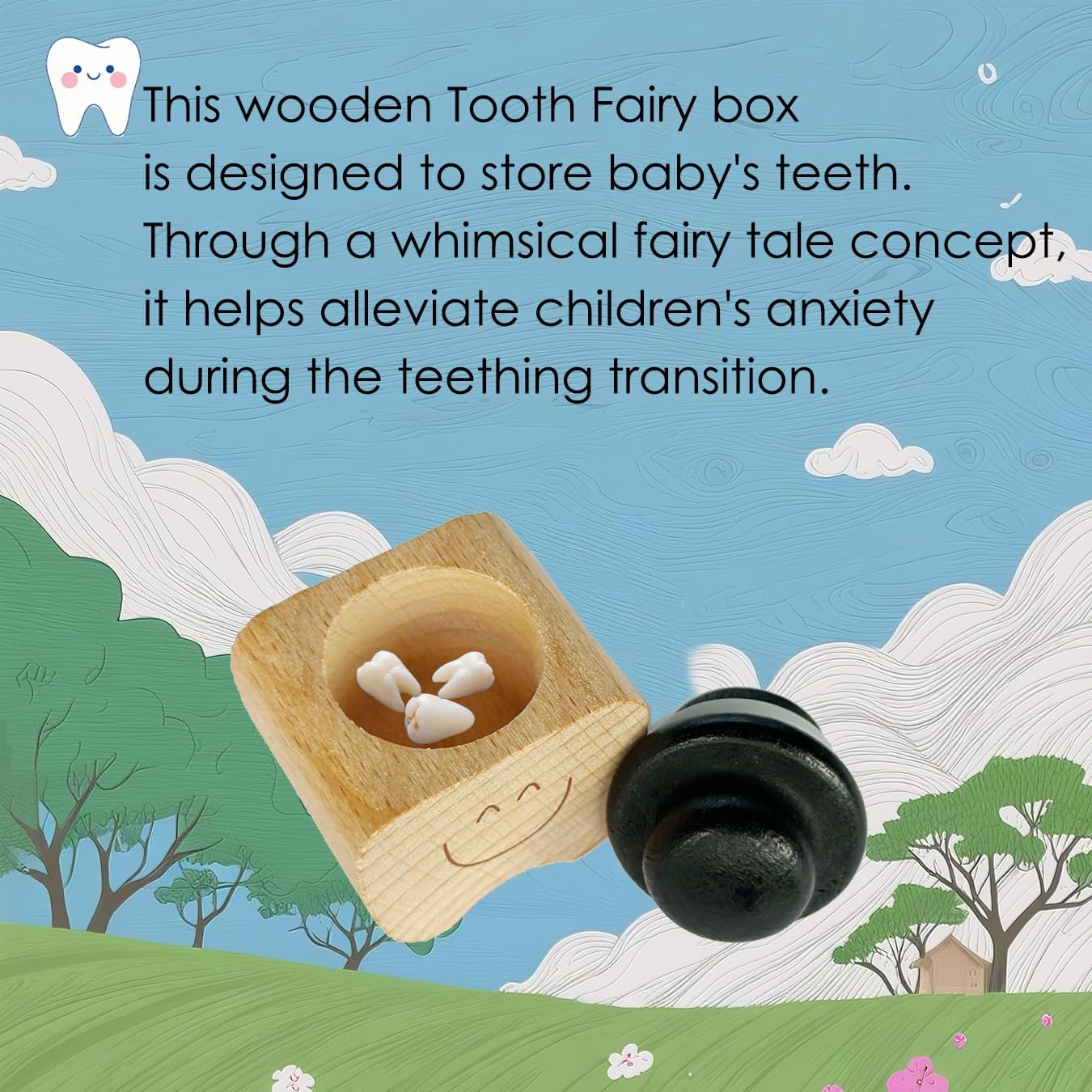 Fenikle Tooth Fairy Box, Cute Teeth Shape Wooden Box with High-Quality Tooth Fairy Coin and Encouragement Cards. Tooth Keepsake Box for Kids&rsquo; Lost Teeth. Best Baby Gifts for Boys and Girls. image number 6