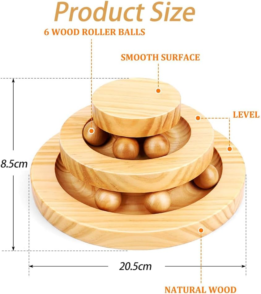 Cat Ball Track, Cat Toy, Kitty Toys Roller, 2-Level Cat Ball Tower with 6 Removable Balls, Interactive Wooden Cat Toy for Kitten Physical Exercise