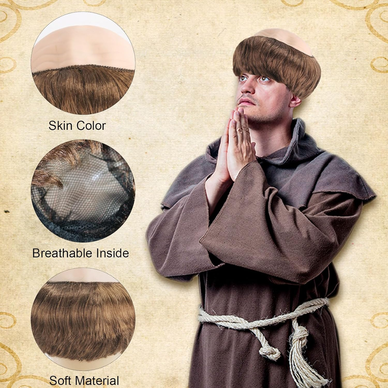 Bald Head Cap Funny Wig for Adults Men Women, Latex Bald Wig Cap Grandpa Glasses, Monk Costumes with Brown Friar Hair Bowl Cut, Men'S Old Man Fancy Dress up Party Halloween Cosplay (Brown) image number 3