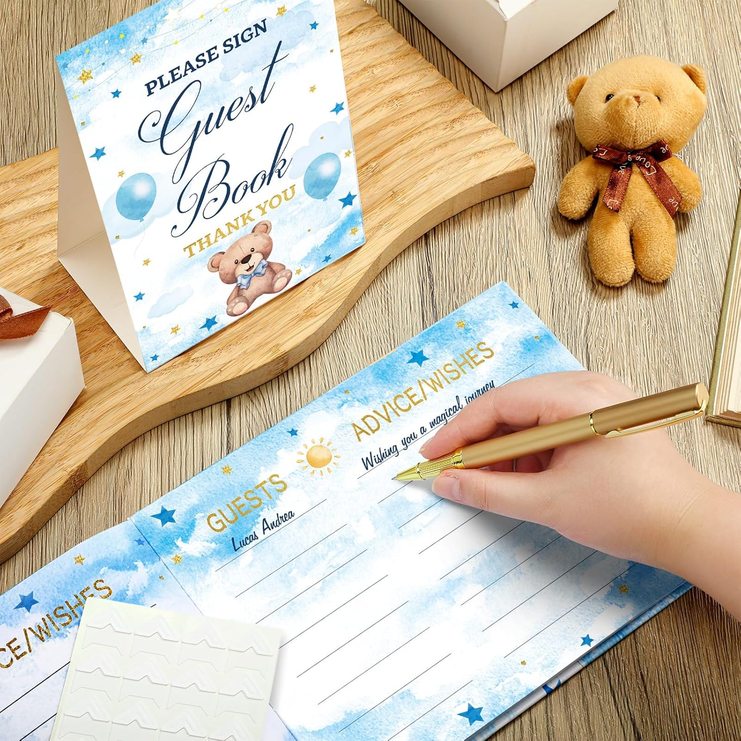 Blue Bear Baby Shower Guest Book Baby Shower Sign in Guest Book Reception with Baby Sonogram Page Keepsake Includes Gold Pen Table Card and Adhesive Photo Corner for Birthday (Little Bear)
