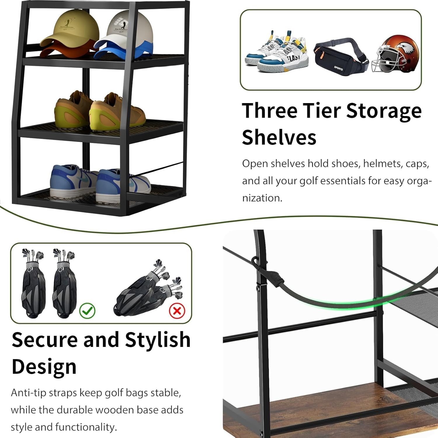 RHSTAO Golf Bag Garage Storage Rack with Wheels, Organizer for Single Golf Bag and Equipment Accessories, Ideal for Home, Garage, Club, Shed, Basement - Sturdy Wood and Metal Construction image number 3