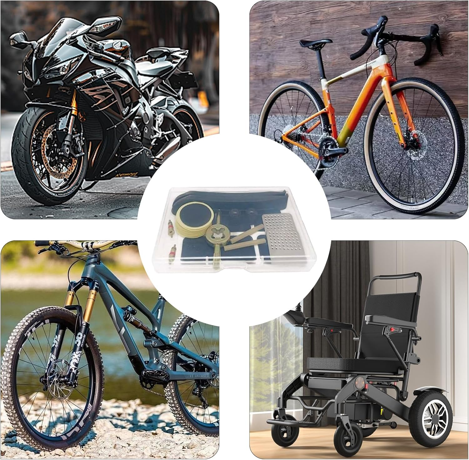 Luojinluoda 35Pcs Tyre Puncture Repair Kit Bicycle, Self-Adhesive Tyre Repair Kit - Complete Bike Tool Kit with Puncture Repair Patches, Metal Rasp & Storage Box for Road/Mountain Bike Inner Tyre image number 1