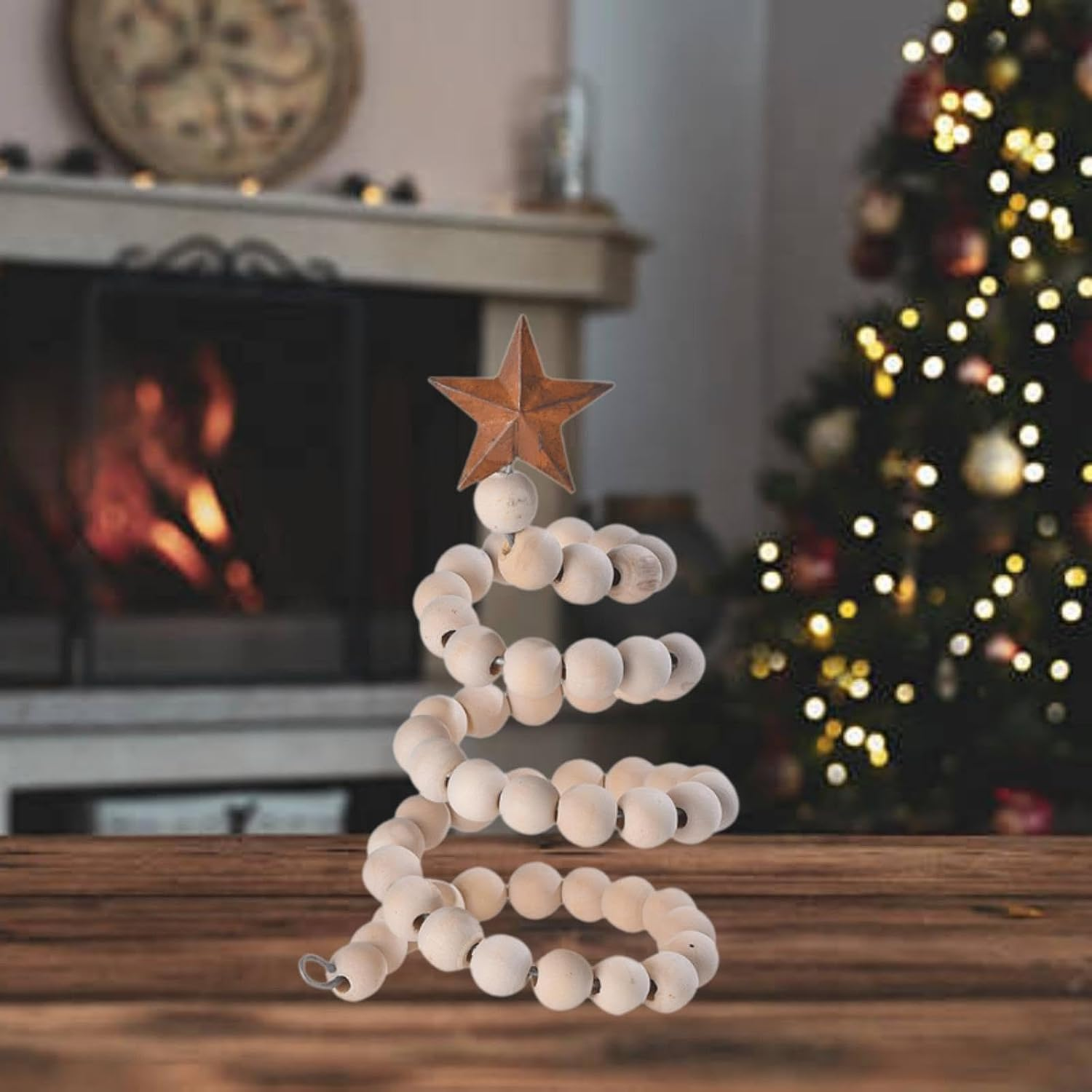 Generic Mini Desk Christmas Tree,Xmas Tree Wooden Bead Decorative Xmas Tree with Star Topper for Valentines Day Home Decor, Wood - White image number 6