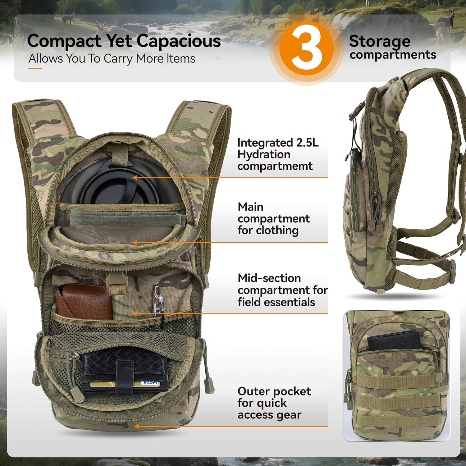 MARCHWAY Tactical Molle Hydration Pack with 2.5L TPU Water Bladder, Military Backpack for Hiking, Cycling, Backpacking, Running, Hunting