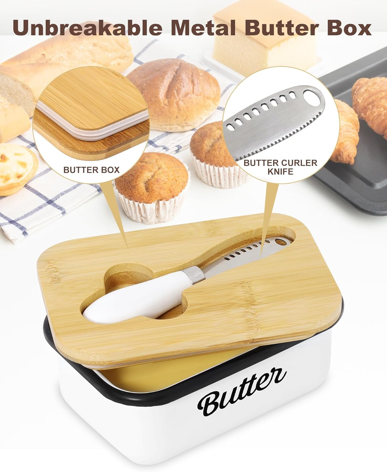 Butter Dish with Lid for Countertop, AISBUGUR Metal Butter Keeper, Includes Stainless Steel Multipurpose Butter Knife, Large Silicone-Enhanced Butter Container, Perfect Kitchen Gift - White