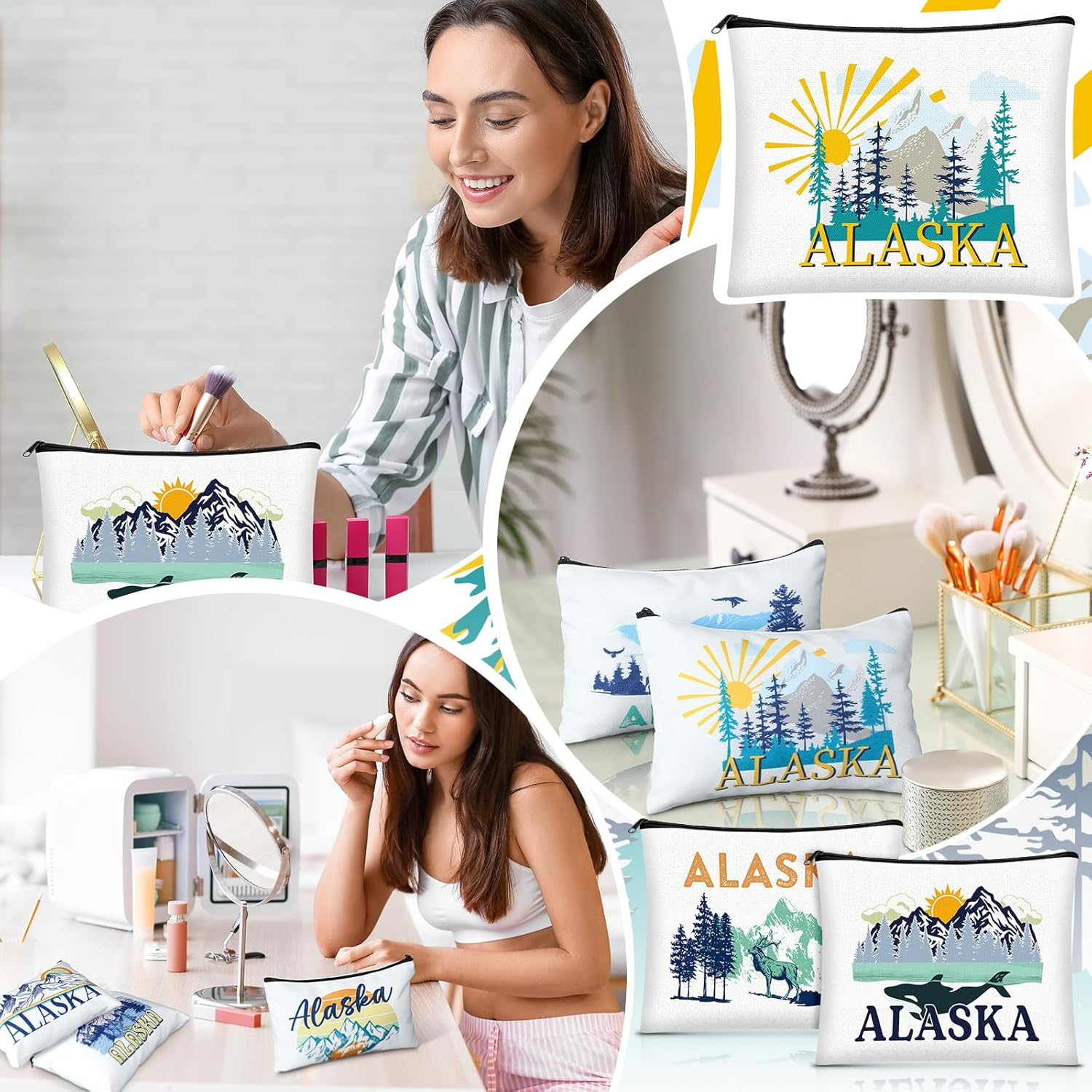 9 Pcs Alaska Cosmetic Bag New York Souvenir Zipper Pouch Los Angeles Souvenir Gifts Italy Paris Broadway Alaska Makeup Purse for Girls Women Traveler Birthday Christmas Party Favors - Camping image number 5